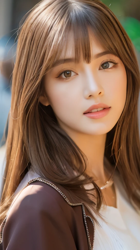 Best quality, 8k, ,Masterpiece :1.3)), facing viewer,((full body1.2)) ,pretty woman, wide shot ,1girl, , café,, , brown hair , bangs,ultra-detailed face, highly detailed lips, detailed eyes, double eyelid