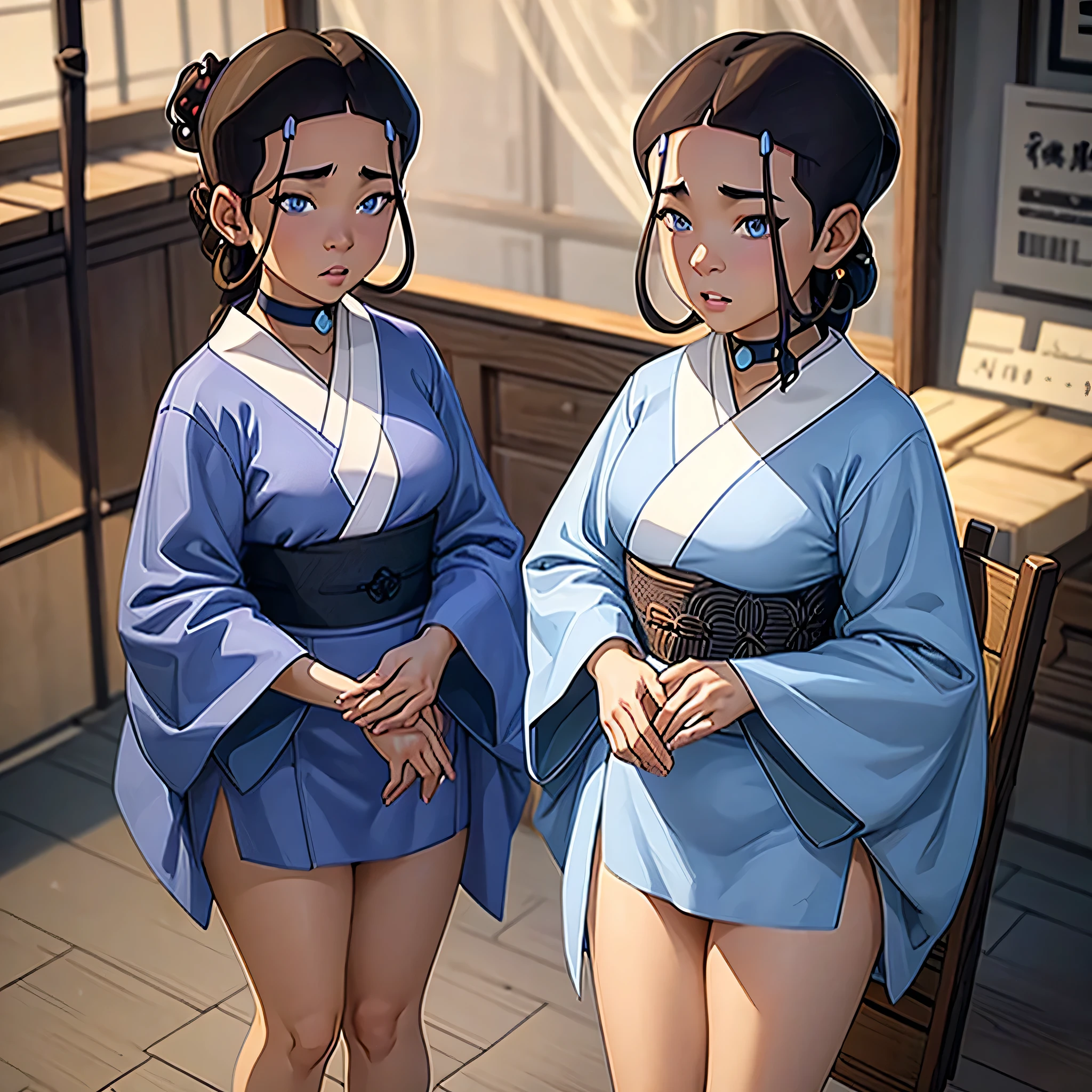 Beautiful, Masterpiece, Best Quality, extremely detailed face, perfect lighting, Cowboy shot, 1girl, Katara, the perfect body, kimono, seductive, pomade, blushful, moan, makeup, looking a viewer, wide thighs, Erotica,