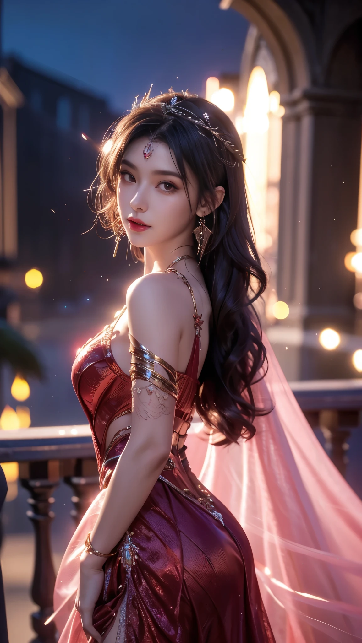 8K, UHD, MAsterpiece, best quality, 1 girl, (realistic face), happy pace, very long hair, small breasts, decorated dress, very beautiful ornaments dress, red color, ((lace)), mesh dress, mesh cape flowing, sardine, loops, legendary night balcony, depth of field, cinematic lighting, chromatic aberration, motion blur, glowing light, god rays, ray tracing, reflection light, backlighting, knee short,