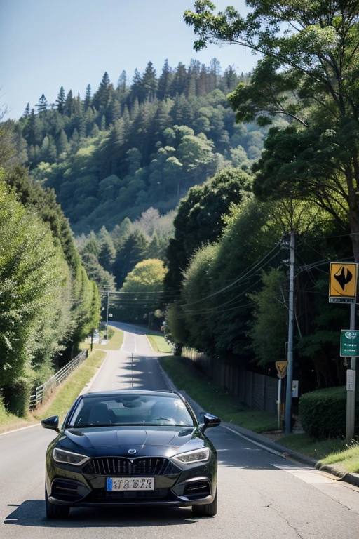 Main visual dark blue car，占据一半screen，Modern design，Green trees embellishment，Scenic Road，Peaceful atmosphere，Modern architecture background，Natural Hills，screen