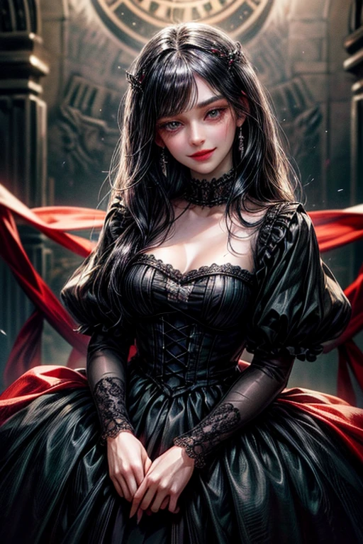 Gothic, black eyes, black hair, hime cut, long hair, red ribbon, jewelry, heterochromia, long eyelashes, black dress, masterpiece, accurate, high details, best quality, super detail, light smile