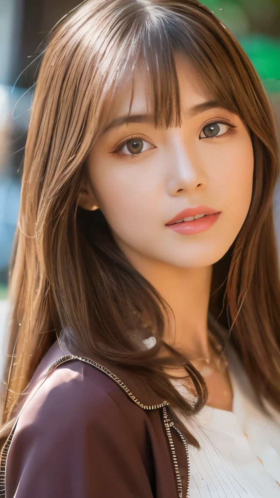 Best quality, 8k,  ,Masterpiece :1.3)), facing viewer,((full body1.2)) ,pretty woman, wide shot ,1girl, ,  café,,  , brown hair  , bangs,ultra-detailed face, highly detailed lips, detailed eyes, double eyelid