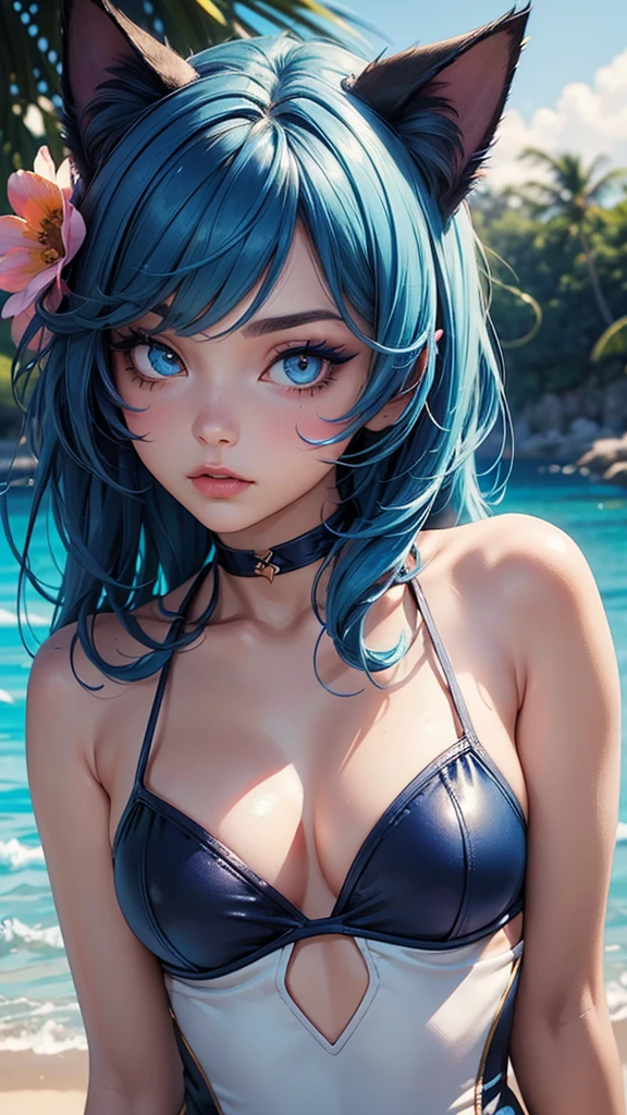 (high resolution, upper body, soft skin:1.2, blue eyeliner makeup),(best illustration,masterpiece:1.2),ultra-detailed,[(cat ears , blue inside:1.2),vivid colors,sharp focus,portrait,studio lighting,bokeh, wearing a one piece flower swimsuit, beach background