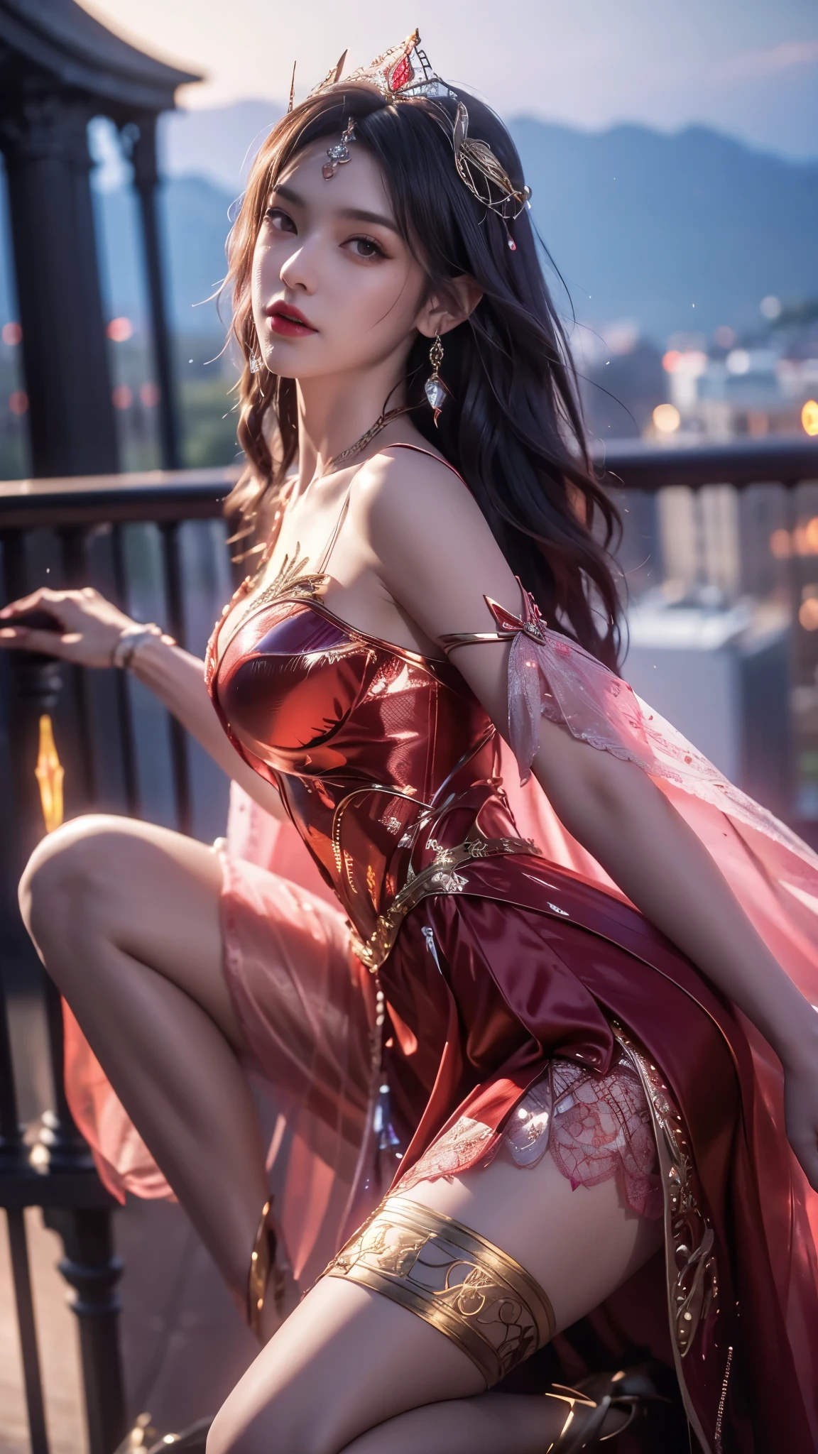 8K, UHD, MAsterpiece, best quality, 1 girl, (realistic face), happy pace, very long hair, small breasts, decorated dress, very beautiful ornaments dress, red color, ((lace)), mesh dress, mesh cape flowing, sardine, loops, legendary night balcony, depth of field, cinematic lighting, chromatic aberration, motion blur, glowing light, god rays, ray tracing, reflection light, backlighting, knee short,