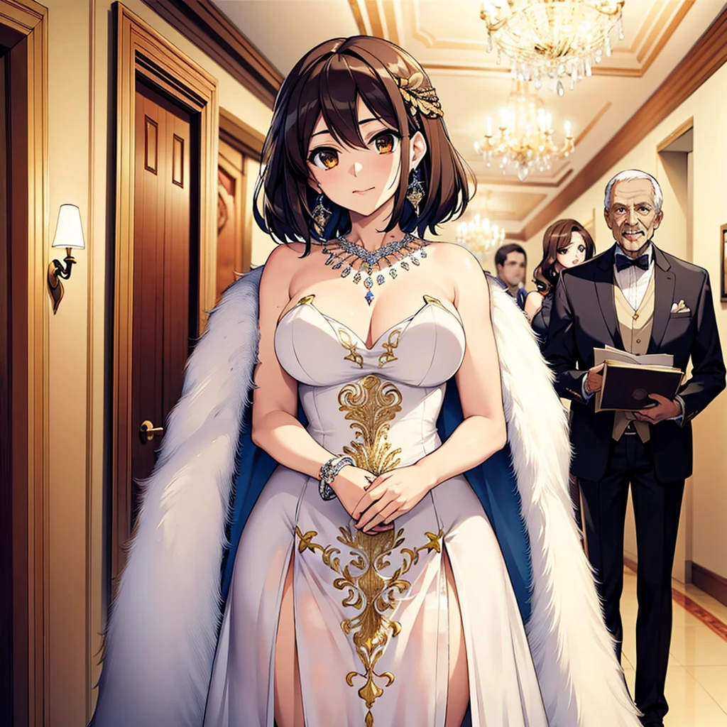 ((highest quality)), ((masterpiece)), (detailed), (Perfect Face)、The woman is Haruhi Suzumiya, with short brown hair and is the wife of a 70-year-old man, flanked by her and 5-year-old.、(The woman is wearing a gorgeous, see-through dress with gorgeous embroidery and flashy fur, a see-through cape, and accessories such as a gorgeous engagement ring and gorgeous jeweled earrings and necklaces. She is standing next to a gorgeously dressed 70-year-old man, and her 5-year-old and 8-yeahters are nearban is wearing a gorgeous engagement ring and snuggling up to a 70-year-old man)、The man is 70 years old and is embracing the woman in the hall of a luxurious mansion.