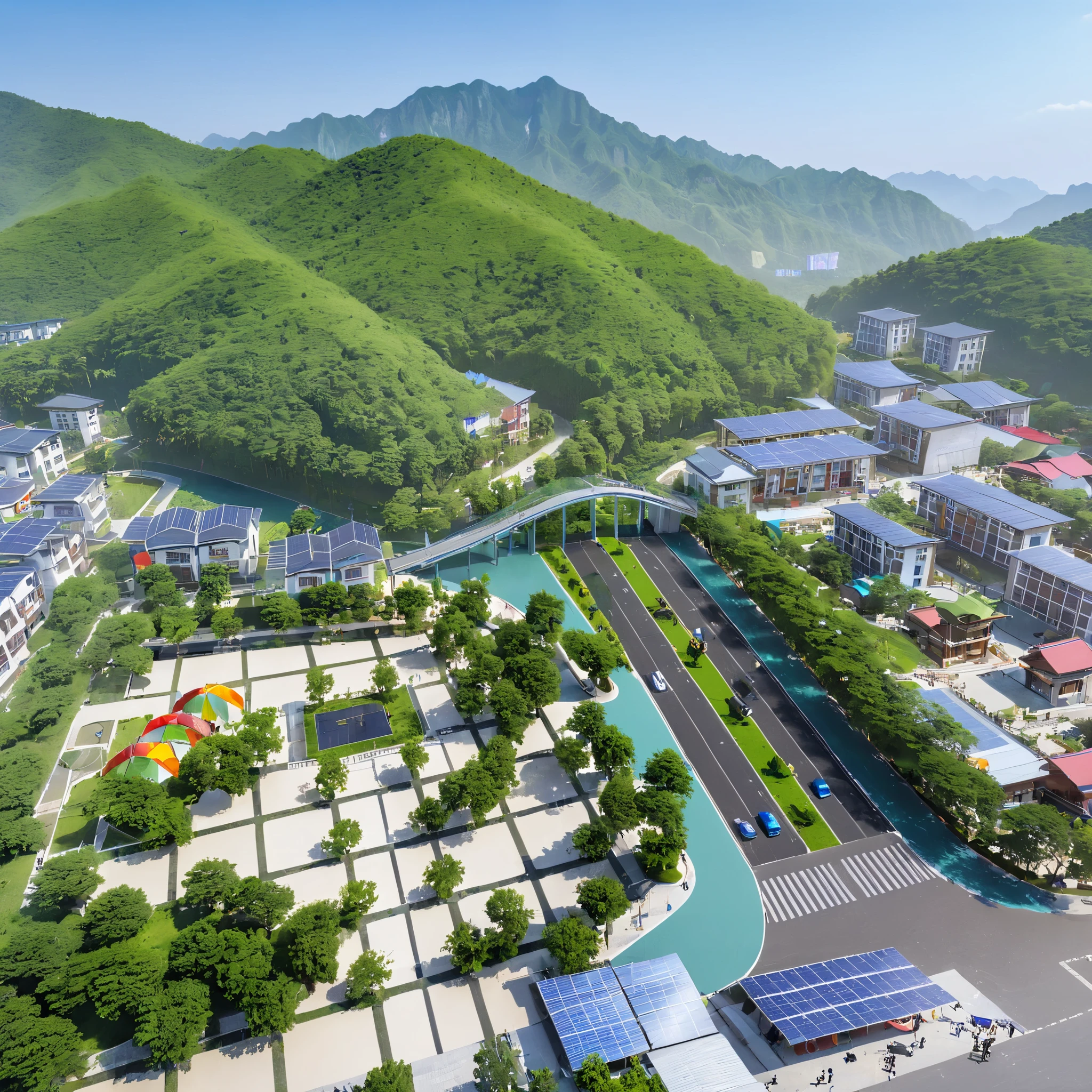 (masterpiece),(high quality),best quality,real,(realistic),Super detailed,(full details),(4k),8K, Aerial view of the city park in Wuyi Mountain, Fujian Province in continental China with solar panels on buildings, a playground for children, an open-air cinema under trees, green lawns, small bridges, flowing water streams, cars driving along roads, colorful street lights at night, surrounded by mountains. The image is in high resolution with hyperrealistic, photo realistic style using bright colors, captured from a wide angle lens with a bird's-eye perspective top-down view under natural lighting, resembling an architectural design concept map