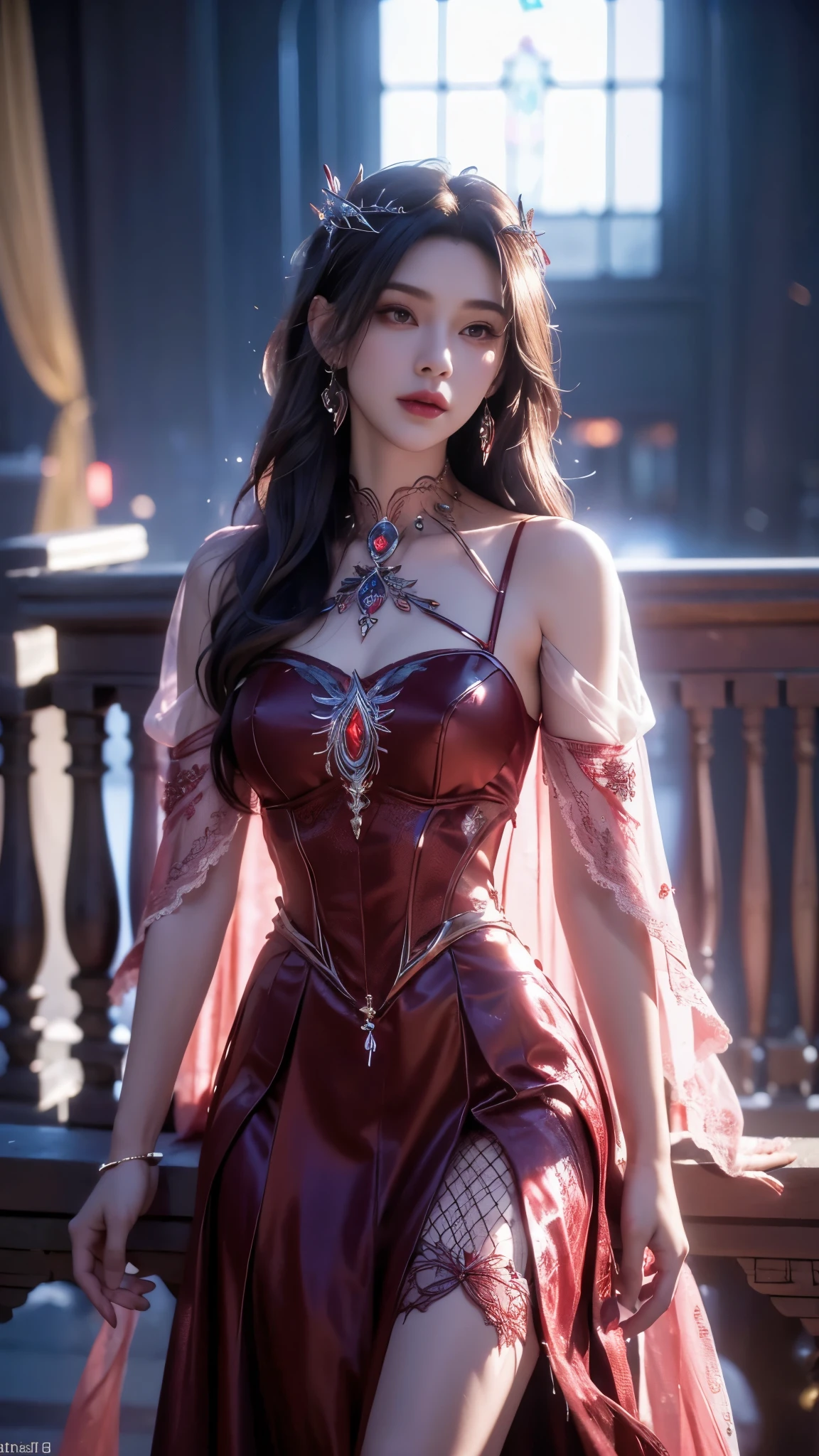 8K, UHD, MAsterpiece, best quality, 1 girl, (realistic face), happy pace, very long hair, small breasts, decorated dress, very beautiful ornaments dress, red color, ((lace)), mesh dress, mesh cape flowing, sardine, loops, ((ornaments)), legendary night balcony, depth of field, cinematic lighting, chromatic aberration, motion blur, glowing light, god rays, ray tracing, reflection light, backlighting, knee short, front short,