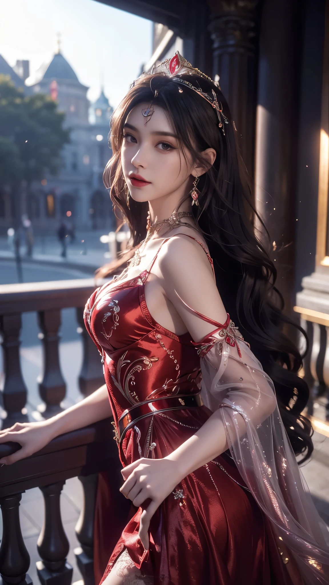 8K, UHD, MAsterpiece, best quality, 1 girl, (realistic face), happy pace, very long hair, small breasts, decorated dress, very beautiful ornaments dress, red color, ((lace)), mesh dress, mesh cape flowing, sardine, loops, ((ornaments)), legendary night balcony, depth of field, cinematic lighting, chromatic aberration, motion blur, glowing light, god rays, ray tracing, reflection light, backlighting, attractive pose, front short,