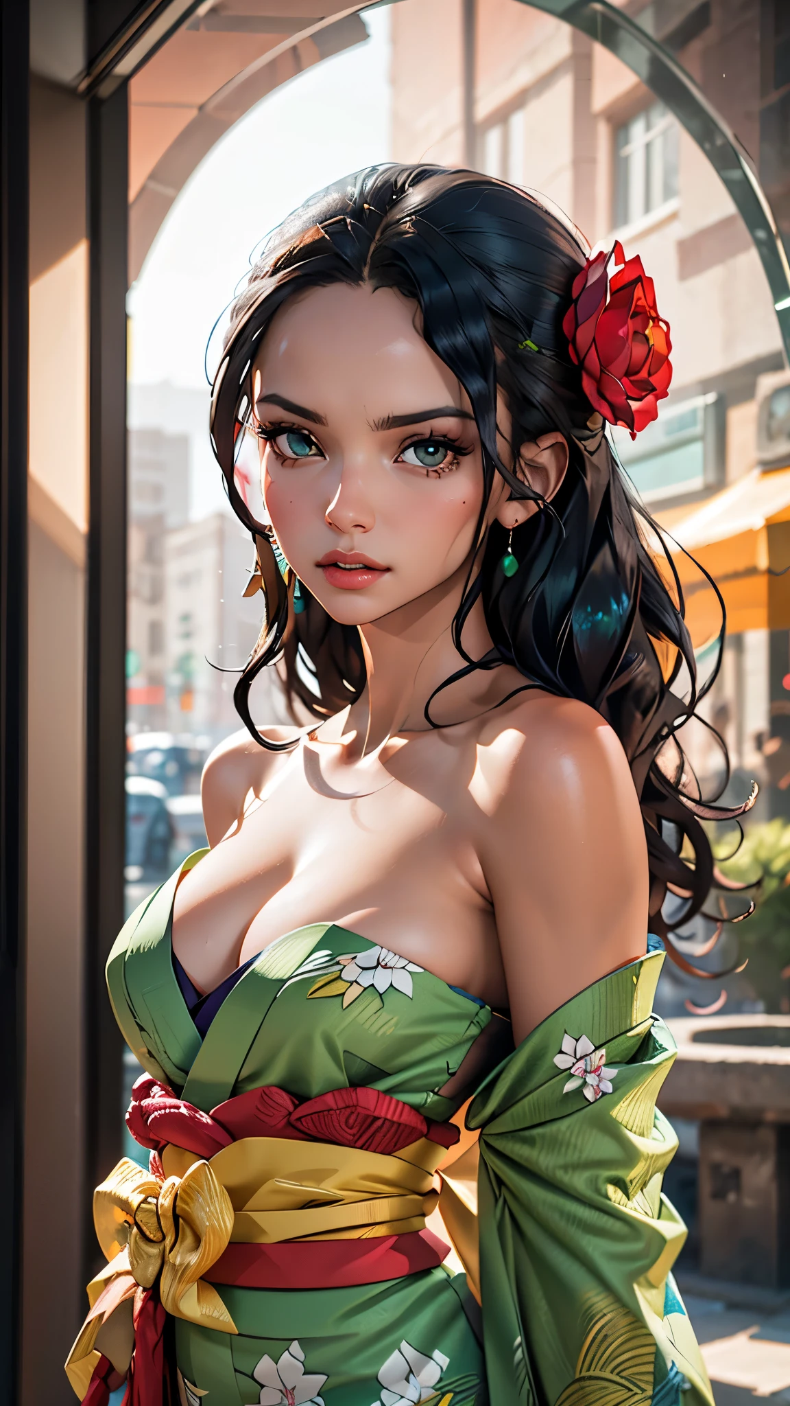 depth of field, ray tracing, photorealistic, beautiful eyes, beautiful face, beautiful good anatomy, 4k, 8k quality, cleavage, green kimono, (masterpiece, best quality), viola, hair ornament, flower, gift of jewelry,