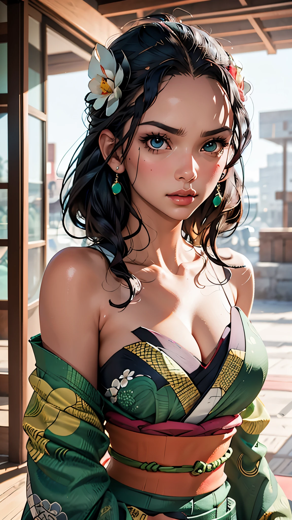 depth of field, ray tracing, photorealistic, beautiful eyes, beautiful face, beautiful good anatomy, 4k, 8k quality, cleavage, green kimono, (masterpiece, best quality), viola, hair ornament, flower, gift of jewelry,