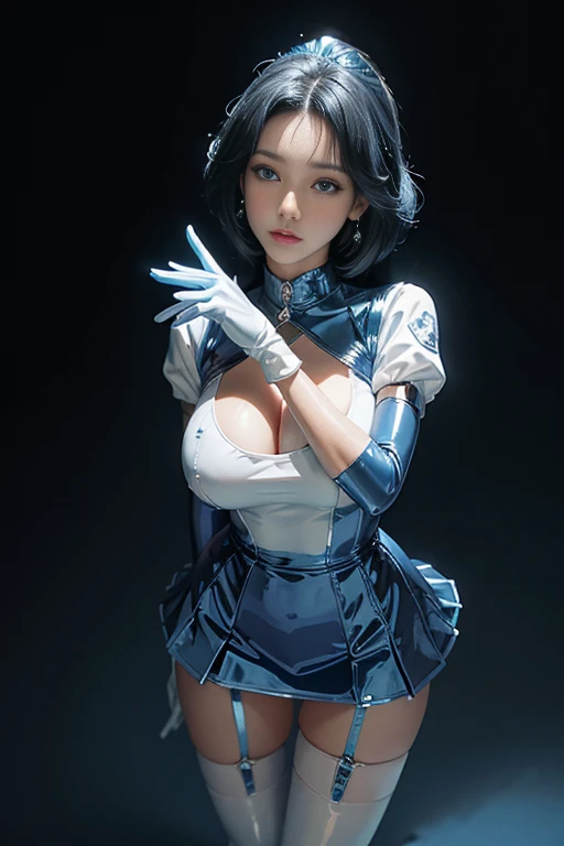 highest quality,masterpiece,Ultra-high resolution, Very detailed, 8k,(Beautiful woman),one person,40 years old, (Sailor Mercury), (Facial details, Bright Blue Eyes, Beautiful Face, Beautiful Eyes, Shining Eyes, thin lips, thin, sharp, thin眉毛, length, Black eyelashes, length and thick lower eyelashes, double eyelid), Fluffy blue hair, ((Blue sailor collar, Very tight and shiny uniform)), ((length white latex gloves,Beautiful female hand in white latex gloves)),Shiny Blue Latex Knee High Boots, Stiletto heels,Blue choker、Blue gloves on elbows, ((shiny blue skirt)), Blue Collar, golden tiara,Earrings)),Fine Gold Jewelry, skinny, Big Breasts, Perfect balance, Tight waist, Pores are visible, Beautiful, shiny dark blue hair, Perfect hands, Close fitting high gloss holographic leather,Octane Rendering, Crucifixion,cross,execution,incontinence,Scared,torture,slave,crossにCrucifixionにされた女性,Crucifixion刑、Put your hands behind your back、Trapped in a giant spider's web