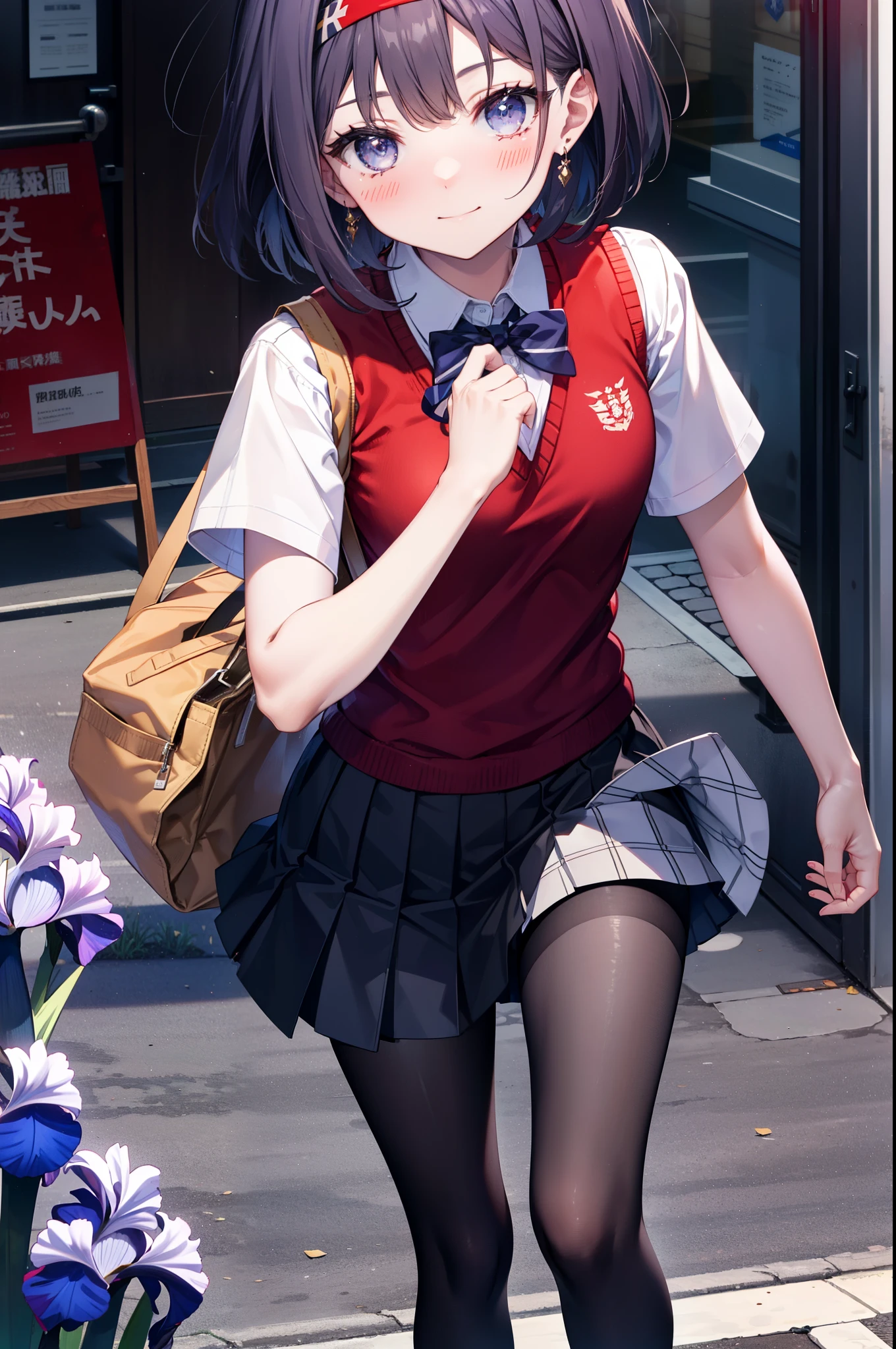 masterpiece, best quality, highres, 1girl kirasaka sayaka high ponytail hair ribbon, striped bowtie sweater vest white shirt short sleeves black skirt black thighhighs standing, smile