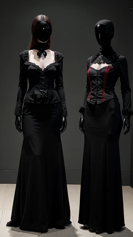 Three mannequins without faces and hair, wearing gothic clothes with red and black colors, the background should be neutral colors with low lighting and gothic elements. The clothes on the mannequins must be different and the poses on the mannequins must be different as well.