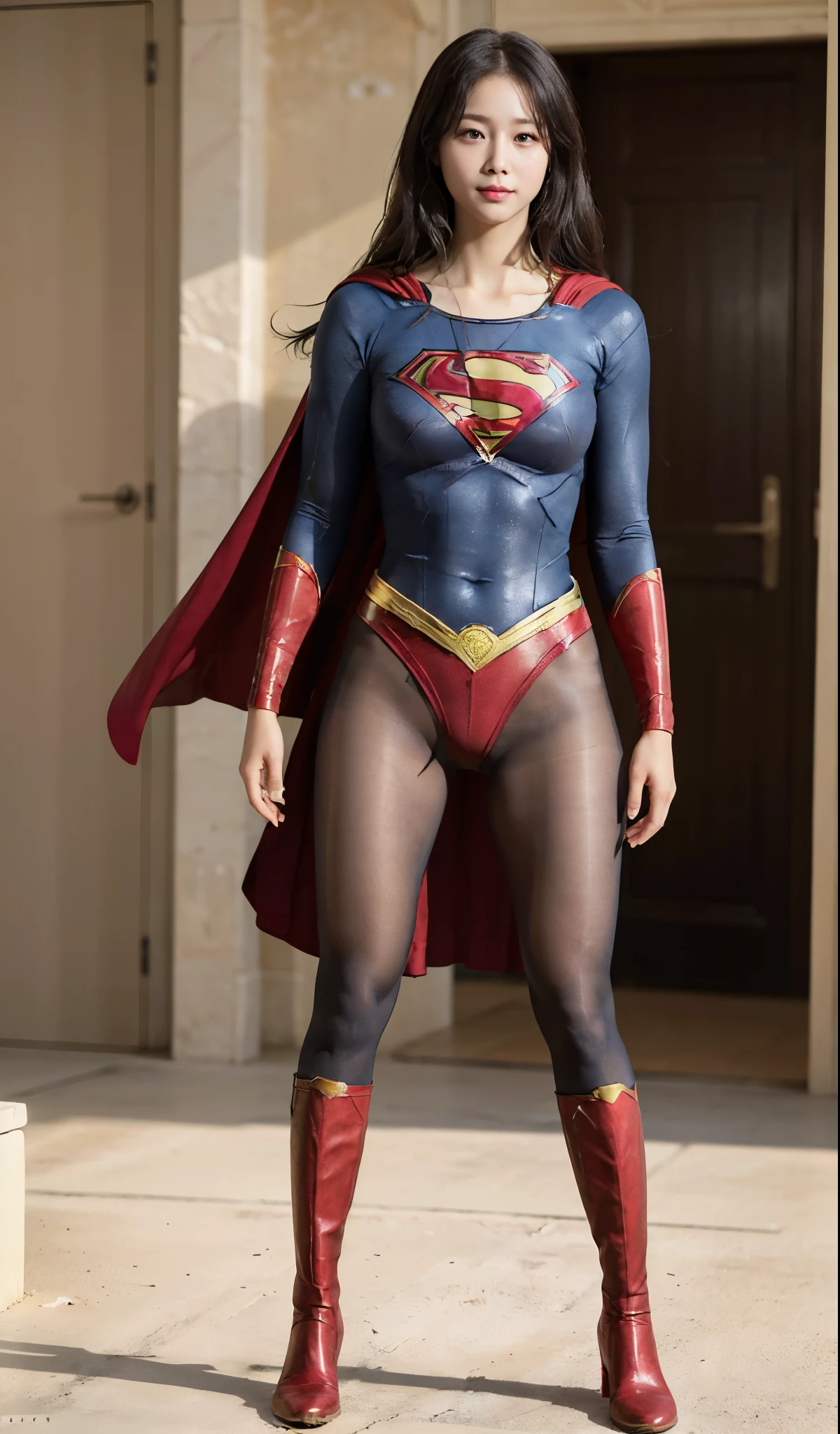 No background、(((Beautiful legs in black tights.)))、(((Legally express the beauty of your smile)))、((((Make the most of your original images)))、(((Supergirl Costume)))、(((Beautiful Hair)))、(((suffering)))、(((Please wear black tights....、Wear red boots)))、((Best image quality、8k))、((highest quality、8k、masterpiece:1.3))、(((Preserve background )))、Sharp focus:1.2、Beautiful woman with perfect figure:1.4、Slim Abs:1.2、Wet body:1.5、Highly detailed face and skin texture、8k