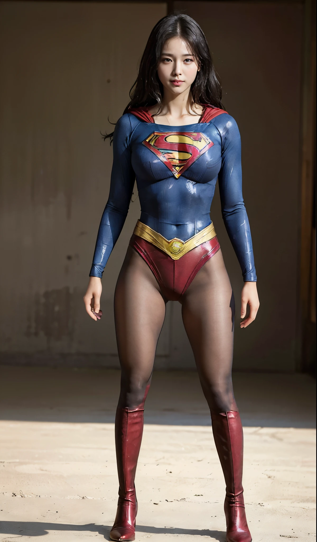 No background、(((Beautiful legs in black tights.)))、(((Legally express the beauty of your smile)))、((((Make the most of your original images)))、(((Supergirl Costume)))、(((Beautiful Hair)))、(((suffering)))、(((Please wear black tights....、Wear red boots)))、((Best image quality、8k))、((highest quality、8k、masterpiece:1.3))、(((Preserve background )))、Sharp focus:1.2、Beautiful woman with perfect figure:1.lim Abs:1.2、Wet body:1.5、Highly detailed face and skin texture、8k