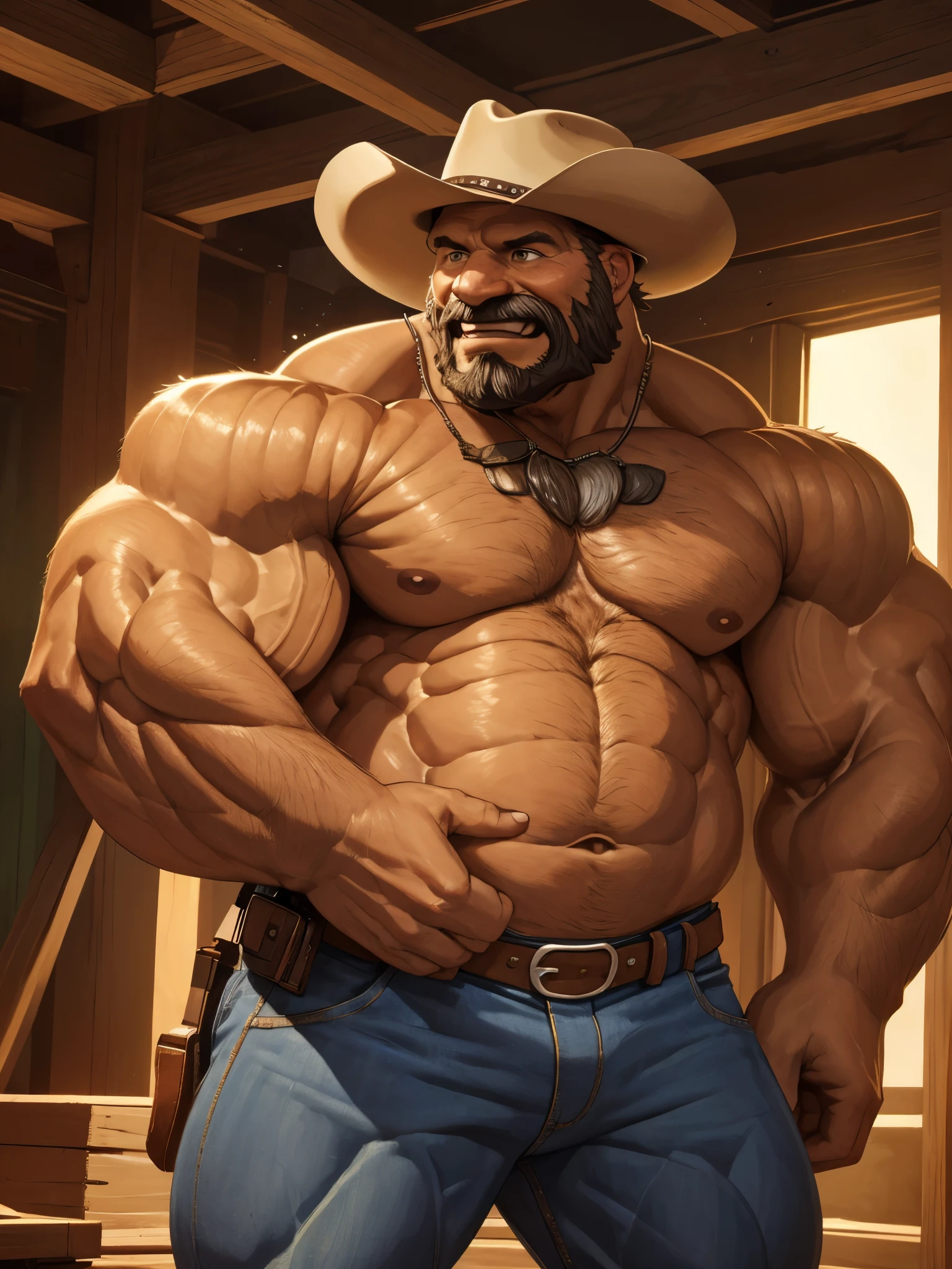 Wide medium shots, ground level camera shot, (best quality, 4k,8k, high res, masterpiece:1.2), ultra-detailed, (realistic,photorealistic,photo-realistic:1.37).,((hyper muscular)) old man cowboy, cowboy hat, west era, happy, hyper, muscle, hyper pectoral, hyper bicep, hyper arms, white and short hair, super thick arms, super big pectoral, super wide pectoral, topless, shirtless.