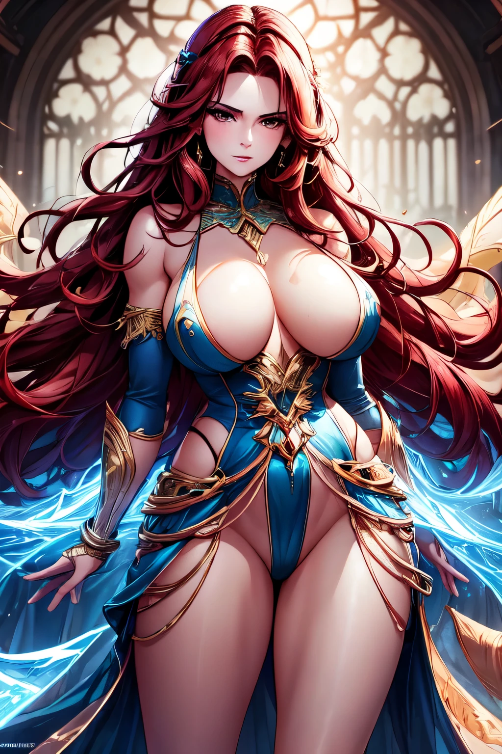 An ultra-detailed illustration of a fair-skinned woman with red hair, brown eyes, and a model-like physique, big . She is wearing elegant, fantasy-style clothing, such as an intricately designed dress or armor with elaborate details. She has a tribal tattoo on her arm, adding a unique and exotic touch to her appearance. The background of the image should be transparent. Ensure the image is in the highest resolution possible with vibrant colors, sharp details, and a high level of realism to enhance the overall quality