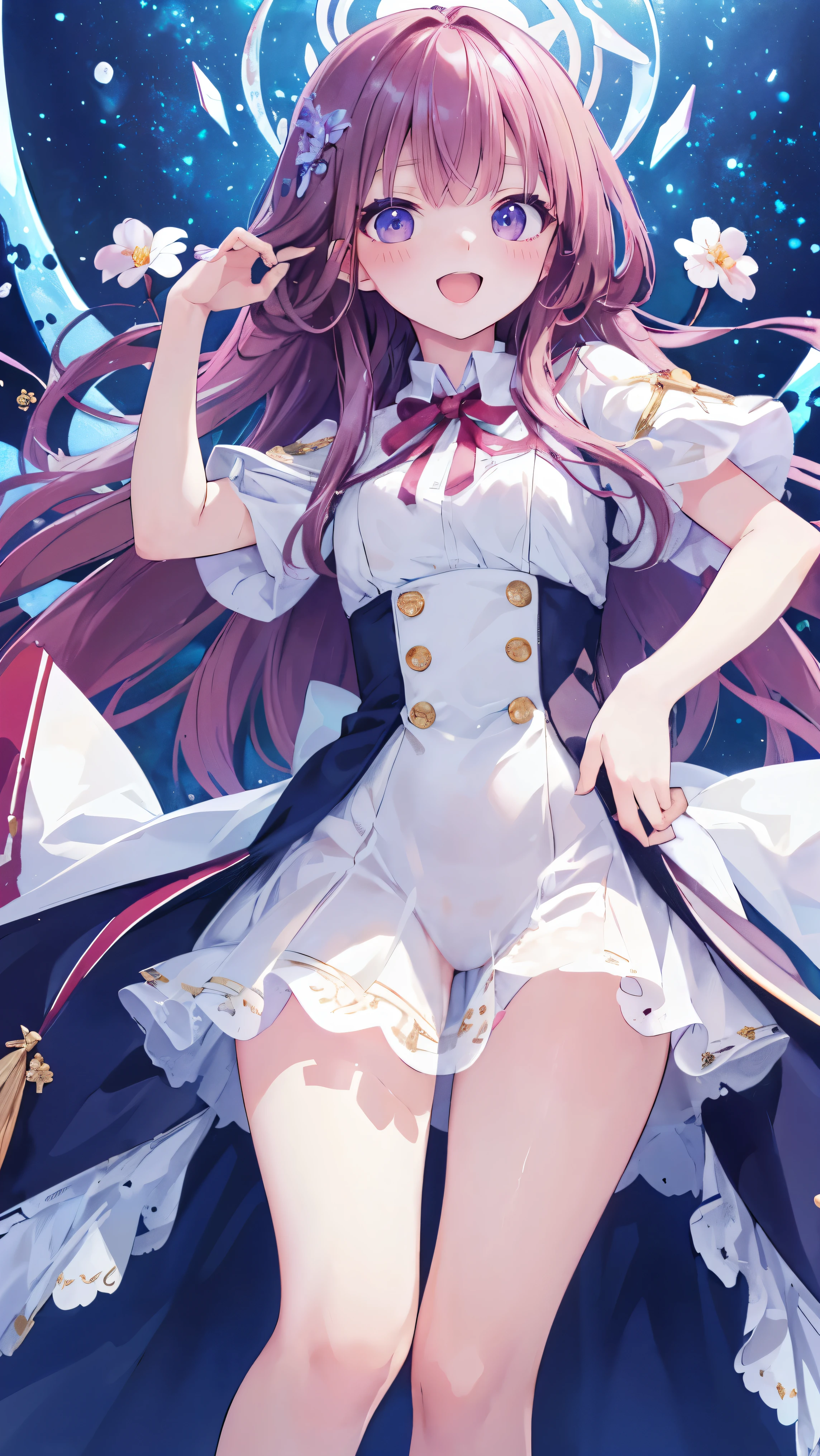 Masterpiece、Highest quality、highest quality、((((Transparency))))、(Open Mouth Smile)、Shiny hair quality、Small face、Dynamic pose、Super detailed, beautiful, wide eyes、Ultra-detailed, clear and beautiful faces、(cute illustration:1.2), High-resolution, ultra-detailed, best quality, embarrassed、Thighs, Awards, Anatomically correct
