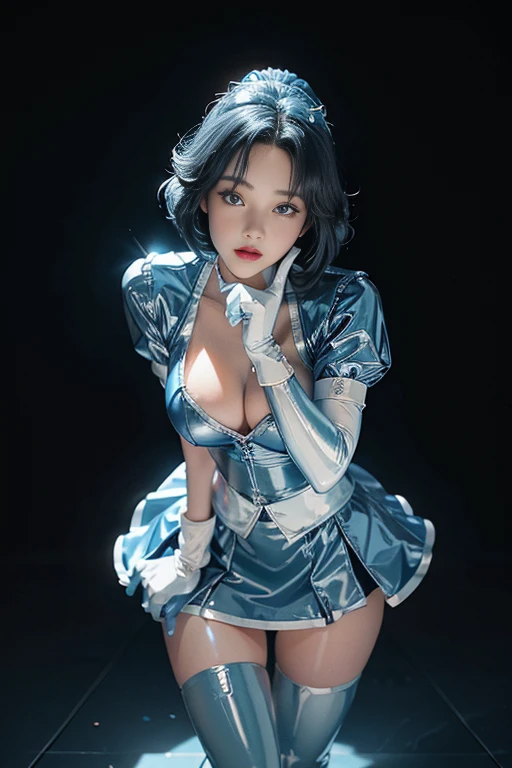 highest quality，masterpiece，Ultra-high resolution, Very detailed, 8k，(Beautiful woman)，one person，40 years old, (Sailor Mercury), (Facial details, Bright Blue Eyes, Beautiful Face, Beautiful Eyes, Shining Eyes, thin lips, thin, sharp, thin眉毛, length, Black eyelashes, length and thick lower eyelashes, double eyelid), Fluffy blue hair, ((Blue sailor collar, Very tight and shiny uniform)), ((length white latex gloves,Beautiful female hand in white latex gloves)),Shiny Blue Latex Knee High Boots, Stiletto heels,Blue choker、Blue gloves on elbows, ((shiny blue skirt)), Blue Collar, golden tiara,Earrings)),Fine Gold Jewelry, skinny, Big Breasts, Perfect balance, Tight waist, Pores are visible, Beautiful, shiny dark blue hair, Perfect hands, Close fitting high gloss holographic leather,Octane Rendering, Crucifixion，cross，execution，incontinence，Scared，torture，slave，Put your hands behind your back、Trapped in a giant spider&#39;s web
