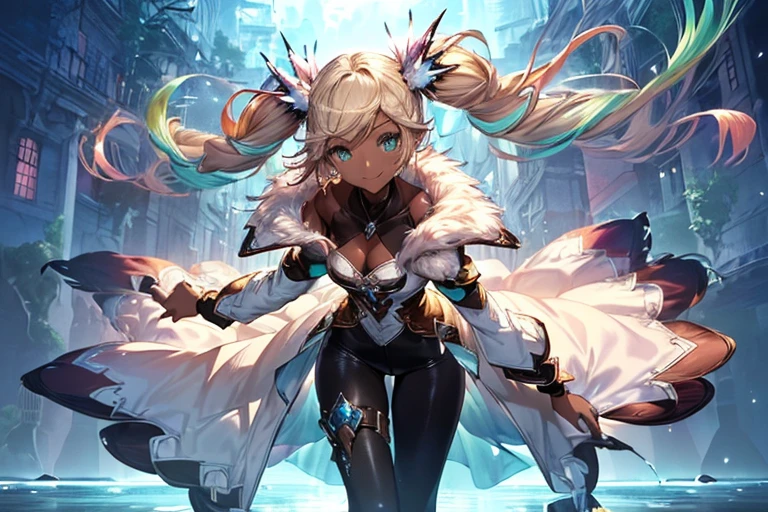 From belowの視点,High resolution,Sharp focus,(Super detailed,Very detailed),(Very detailed CG unity 8k wallpaper),(((Vibrant colors))),
gran blue fantasy,Iooiklas,Platinum Blonde Hair,Twin tails, hair ornaments,(Flying debris, 超High resolution),Wear an iridescent aura,
Invisible Light, Amazing shine, Neon orange glow, The colors of another world,Bright colors, Ghostly Effects,
White Dress, Black knee socks, Drooping water droplets, wet skin,
Removable sleeves,Complex eyes,Beautiful fine details,Symmetrical eyes,Big eyes:1.5,Seductive eyes,
(((dark skin,dark_skin,lustrous skin:1.5,bright skin: 1.5,
skin tanned, shiny skin,very shiny skin,Shiny body,plastic glitter
skin,exaggerated shiny skin,illuminated skin))),
(,Detailed body,(Detailed face)), cute,Lewd,erotic,Bold,Camel toe revealing outfit,show skin,(((Sexy aqua fur coat, Aqua fur coat outfit,
wearing a Ice Dress:1.3,aqua 冬 coat))), ((Ice Dress,elegant Ice Dress)),
(White gloves,White clothes,(((Complex outfit,Complicated clothes,Embroidered costume,Glamorous costumes,Embroidered clothes,
(((Glamorous clothing))),skinsuit, Bodysuits, pantyhose,Domineering smile,
From below, Floating extra aqua fur coat, splash,
extra floating aqua fur coat,squat,足をBoldに開く,
