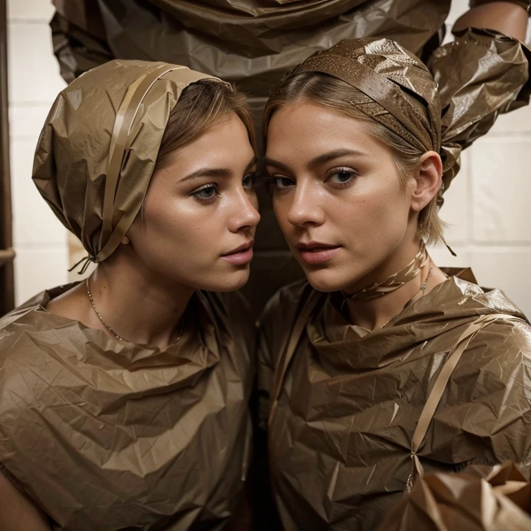 a stunningly beautiful blond short haired woman gets completely wrapped up in brown paper garbage bags like a helpless human package by two women wearing trash bags, tied up bound, getting mummified with papertape, getting strung up, loving it, making out, close up, photo