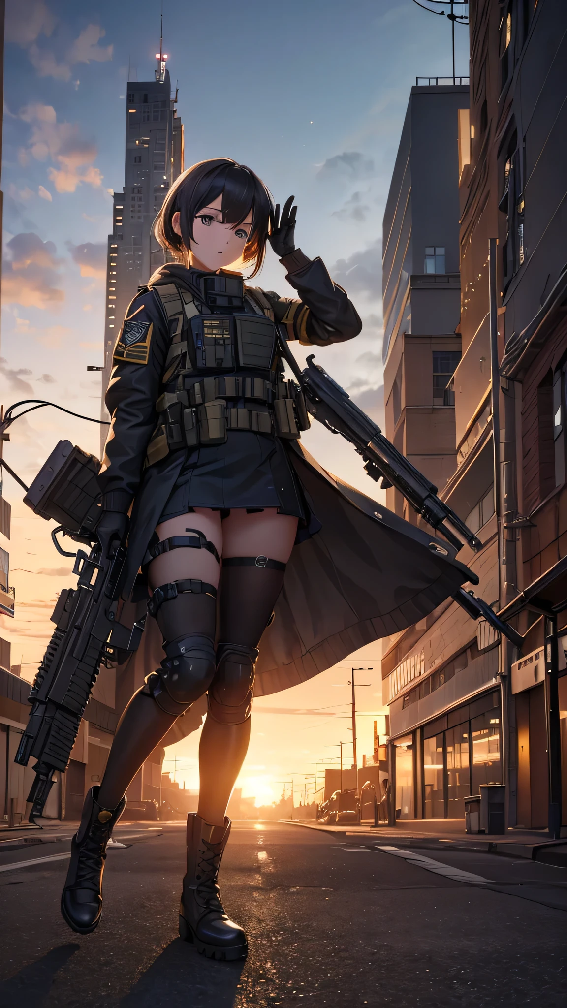 ((high quality)), ((masterpiece)), 8k, One girl, Bulletproof vest, light, Highly detailed CG Unity 8k wallpaper, Game CG, View your viewers, gloves, boots, whole body, clock, computer, mask, Drone, Have a weapon, Jacket, (Background Destroyed city , explosion , cigarette