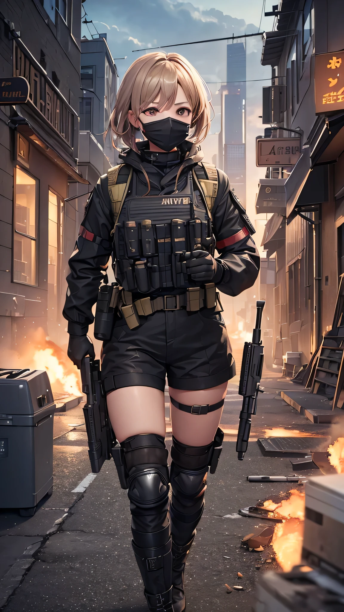 ((high quality)), ((masterpiece)), 8k, One girl, Bulletproof vest, light, Highly detailed CG Unity 8k wallpaper, Game CG, View your viewers, gloves, boots, whole body, clock, computer, mask, Drone, Have a weapon, Jacket, (Background Destroyed city , explosion , cigarette