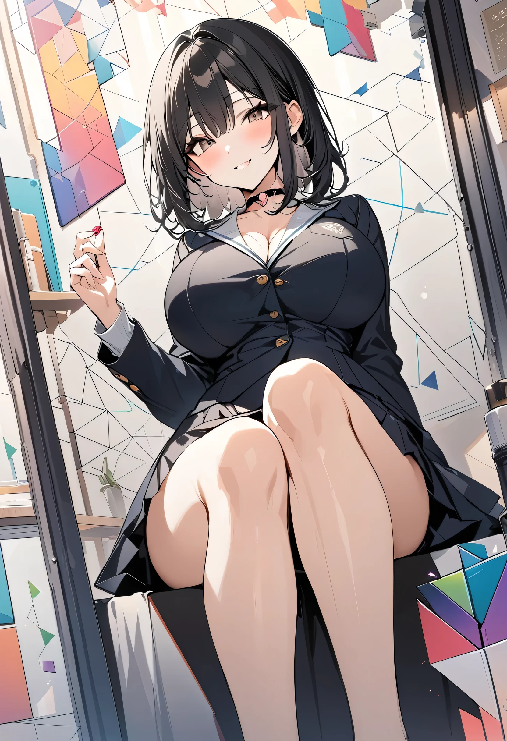 ,beautiful flower々), Heart-shaped choker, (masterpiece, highest quality), Official Art, beautifully、aesthetic: 1.2), (1 girl), Very detailed, (Geometry Art: 1.3), colorful,Beautiful breasts,Big Breasts,Black bob hair, whole body,smile,University Uniforms