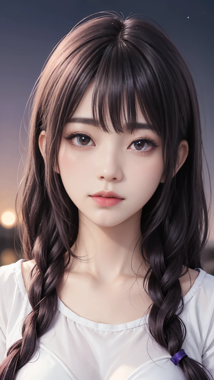 background(Black Night Sky,Big Moon),Close-up of a woman,Wearing a white shirt、Purple Hair,Very long hair,very thick braids,Purple eyes,big , realistic girl rendering, 8k artistic german bokeh, Enchanting girl, Real Girl, Gurwitz, Gurwitz-style artwork, Girl Roleplay, Realistic 3D style, cgstation Popular Topics,, 8K Portrait Rendering,(truth,truth:1.4),Wear pink pajamas,巨big ,Sparkling eyes,Purple eyes