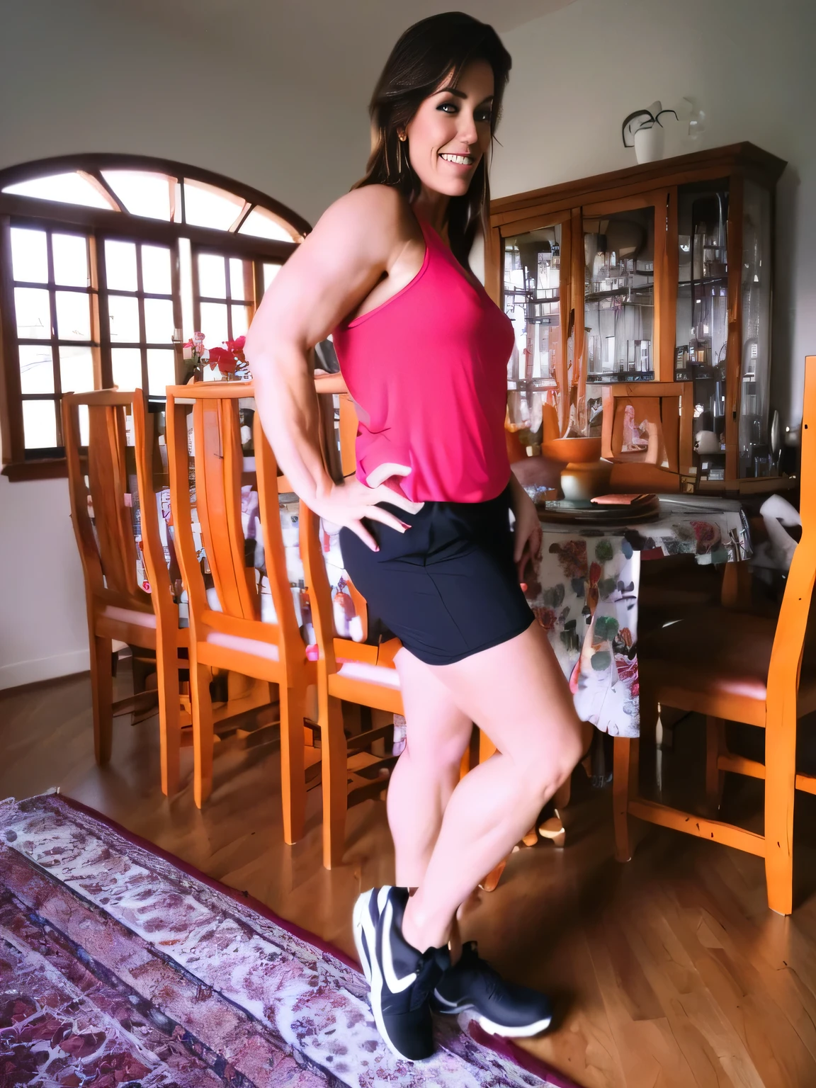 there is a woman standing in a room with a table and chairs, side pose, doing a sassy pose, fit pic, wearing red shorts, in good physical shape, leg and hip shot, lunging at camera :4, posing!!, cottagecore!! fitness body, full body wide shot, skinny waist and thick hips, side view of her taking steps