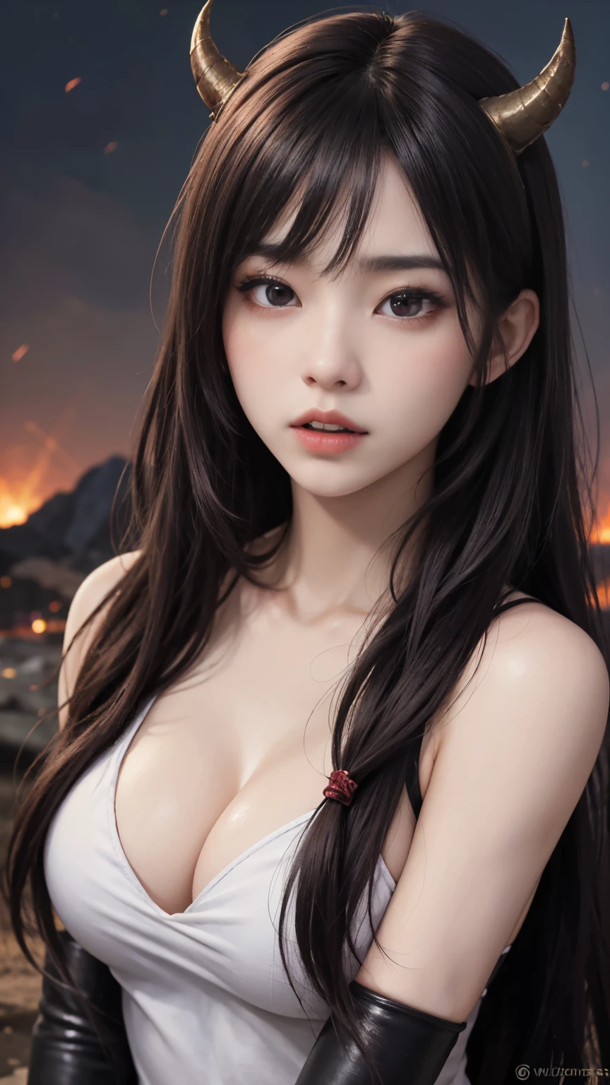 background(Black Night Sky,Big Moon),Close-up of a woman,Wearing a white shirt、Purple Hair,Very long hair,very thick braids,Purple eyes,big , realistic girl rendering, 8k artistic german bokeh, Enchanting girl, Realistic girl, Gurwitz, Gurwitz-style artwork, Girl Roleplay, Realistic 3D style, cgstation Popular Topics,, 8K Portrait Rendering,(truth,truth:1.4),Wear pink pajamas,巨big ,Sparkling eyes,Purple eyes、(highest quality,4K,8k,High resolution,masterpiece:1.2),Very detailed,(Realistic,photoRealistic,photo-Realistic:1.37),Mythical monster,Beast-like creature,Muscular,Six big legs,Stand like a gorilla,Red fur covering the body,two big horns,Drill teeth,Sharp Claws,Huge shape,Burning Fire Magic,Energy aura,A threatening presence,Glowing Eyes,Intimidating posture,Dark Environment,Smoke-filled air,Ominous Shadow,Majestic and fierce,Explosive power,Vibrant colors,bold,Horror art style,moving composition,Dramatic lighting,rib layer,large sharp teeth,Sharp Edges,Very detailedスケール,Burning Crack,Burning Flames,Furious expression,Burning with anger,Surrounded by sparks and embers