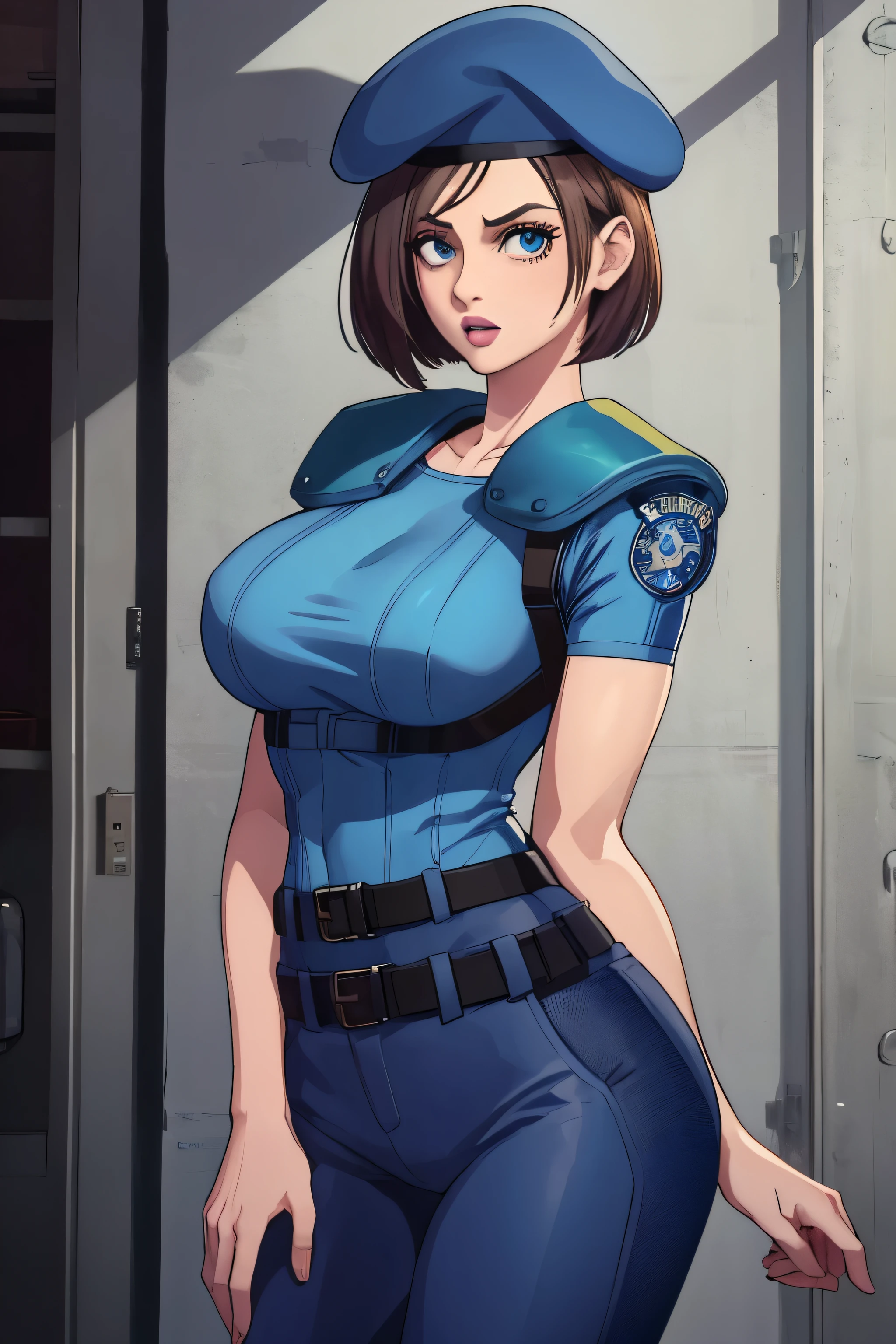 Jill Valentine, masterpiece, best quality, 1girl, solo, standing, jillre1, beret, uniform, shoulder pads, short sleeves, harness, belt, pants, unmoving pattern, peitos grandes, bunda grande, ela esta mostrando a lateral, pernas abertas, bunda grande, decote, peitos grandes 