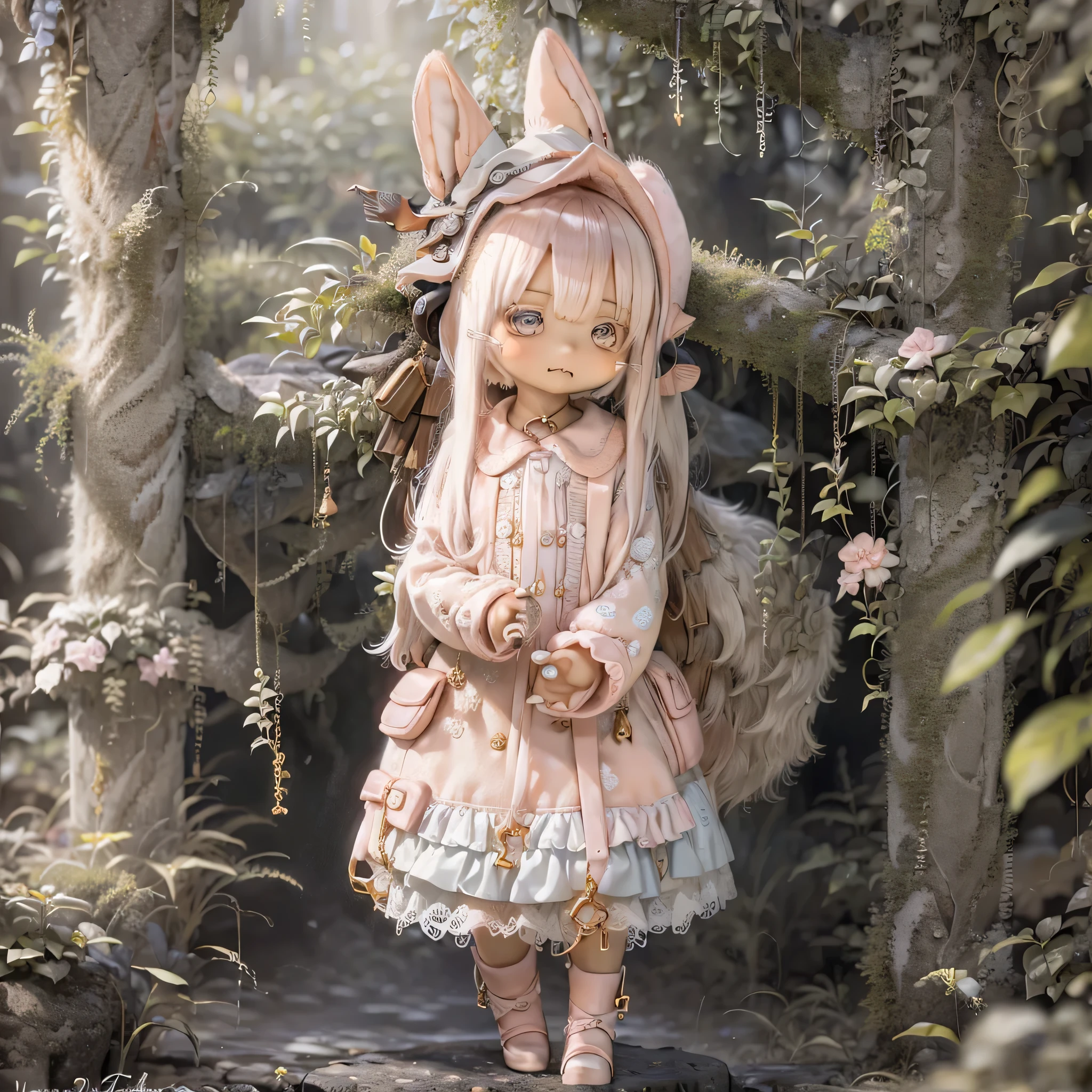 in the garden, Smiling girl, Similar to Nanachi from Made in Abyss. She is beautiful, Beautiful eyes and lips. girl (((Chibi Style,))) . The image quality is of the highest quality, Highly detailed and realistic features. The medium of this work is、Combining illustration and photorealistic rendering.. The colors are vivid、The lighting creates a warm and bright atmosphere。Casual Full Body(((((Cute pink dress)))))Contrasting