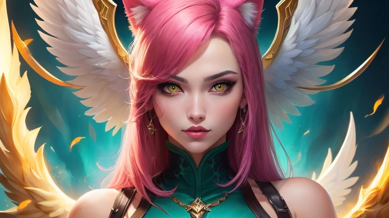 ((best quality)), ((masterpiece)), (detailed), woman with pink hair, Holding a sword, (Inspiration from Artgerm:1.2), (Pixiv competition winner:1.1), (Goddess of angels:1.3), (violent art style:1.2), Close-up portrait, goddess skull, (Senna from League of Legends:1.1), , HD anime wallpaper, (Akali in League of Legends:1.1), 8k resolution masterpiece,Highest image quality,Beautiful bust of noble Cat ears,Cat ear,Cat Tail Exquisite Metallic Hairstyle,Clear golden eyes,A dazzling array of carefully crafted jewelry adorns chunky plush garments,long legs,Leather heels,极其detailed细节,advanced,Expose of love fluids,R-18G