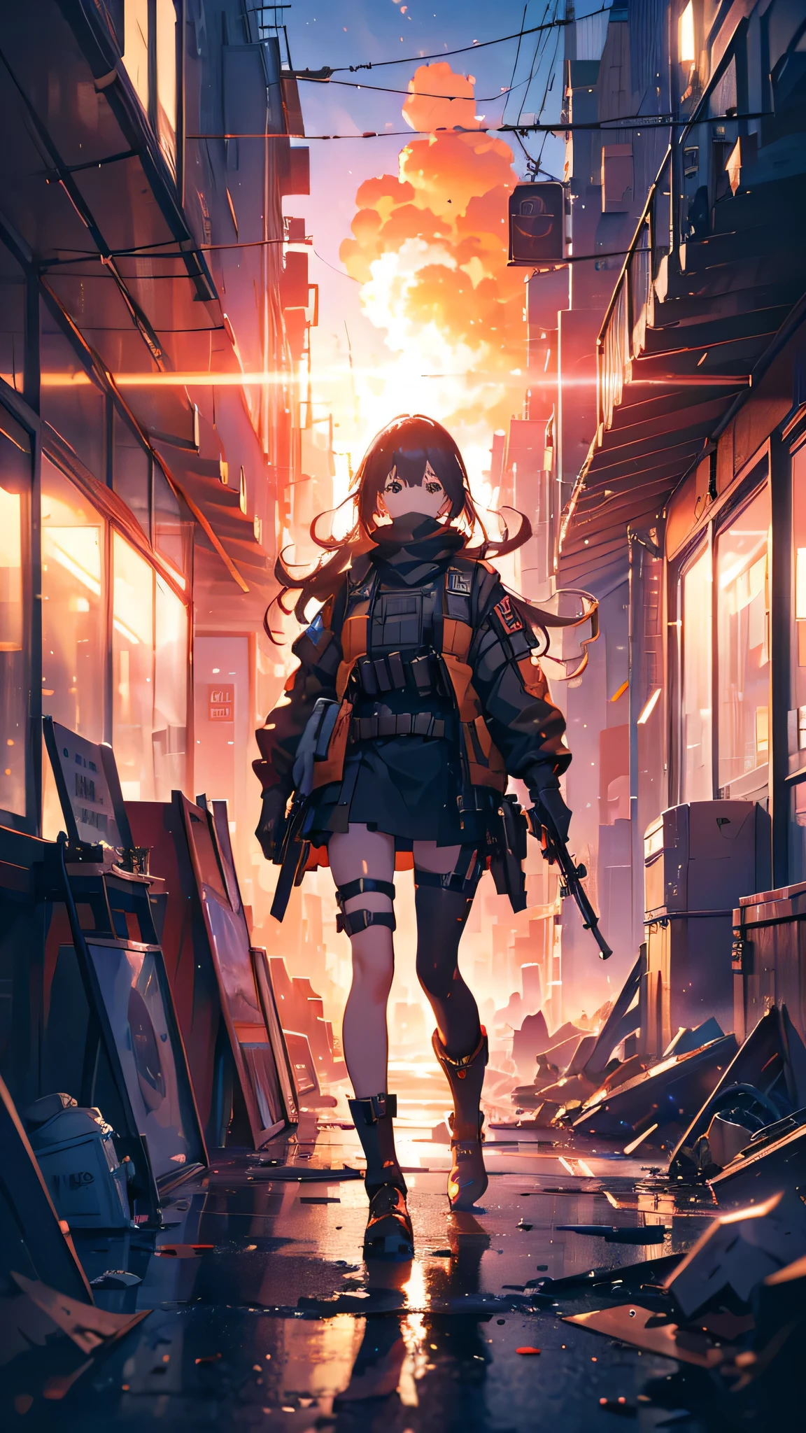 ((high quality)), ((masterpiece)), 8k, One girl, Bulletproof vest, light, Highly detailed CG Unity 8k wallpaper, Game CG, View your viewers, gloves, boots, whole body, clock, computer, mask, Drone, Have a weapon, Jacket, (Background Destroyed city , explosion , cigarette