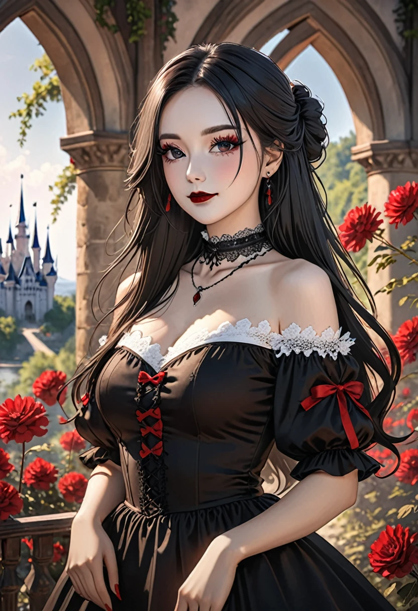 (masterpiece:1.2), (best quality:1.2), perfect eyes, perfect face, perfect lighting, 1 girl, Mature female gothgal standing with hands in front, long hair, complex hairstyle, cosmetic, black lips, thick eyelashes, happy, wearing gothic clothing, black and white dress, decorate, red ribbon, puff sleeves, bare shoulders, lace choker, jewelry, peaceful, quiet, chill, Blur background, Castle Beautiful scenery, fantasy, summer, sunny, sunburned, flowers, trees