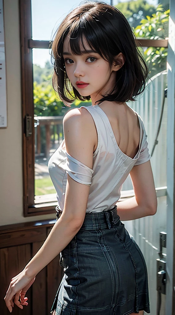 (((masterpiece, highest quality, Very detailed))), (((High resolutionの顔))),  female, (((Overall accuracy has been dramatically improved, creating a Very detailed and realistic image))), (((short black bob, Thick and fluffy bangs ))), Hair blowing in the wind, Long slit、Big long black eyelashes, Thin Nose, Small Mouth, Thin lips, Natural Makeup, Slim body, Thin neck, Narrow shoulders, Narrow shoulders, Small breasts, long and thin arms, Very small waist, Very small ass, Long, slender legs, Wearing a large white blouse and a tartan skirt, Facing forward, photographed against a white wall, Natural summer light, summer shadow, 深いDepth of written boundary, High resolution (High Dynamic Range), Ray Tracing, NVIDIA, Super Resolution, Unreal 5, Scattered beneath the surface, PBR Texturing, Post-processing, Anisotropic Filtering, Depth of written boundary, Maximum clarity and sharpness, Multilayer Texture, Albedo and Specular Maps, Surface Shading, Accurate simulation of light and material interactions, Perfect balance, Octane Rendering, Two-tone lighting, wide aperture, Low ISO, White balance, Three-part method, 16k raw,