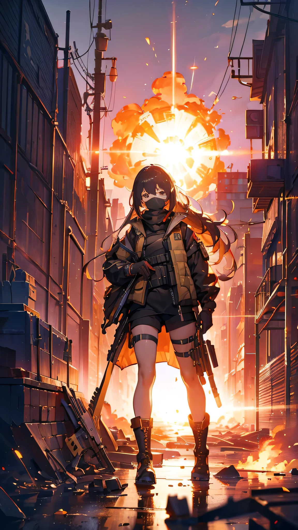 ((high quality)), ((masterpiece)), 8k, One girl, Bulletproof vest, light, Highly detailed CG Unity 8k wallpaper, Game CG, View your viewers, gloves, boots, whole body, clock, computer, mask, Drone, Have a weapon, Jacket, (Background Destroyed city , explosion , cigarette