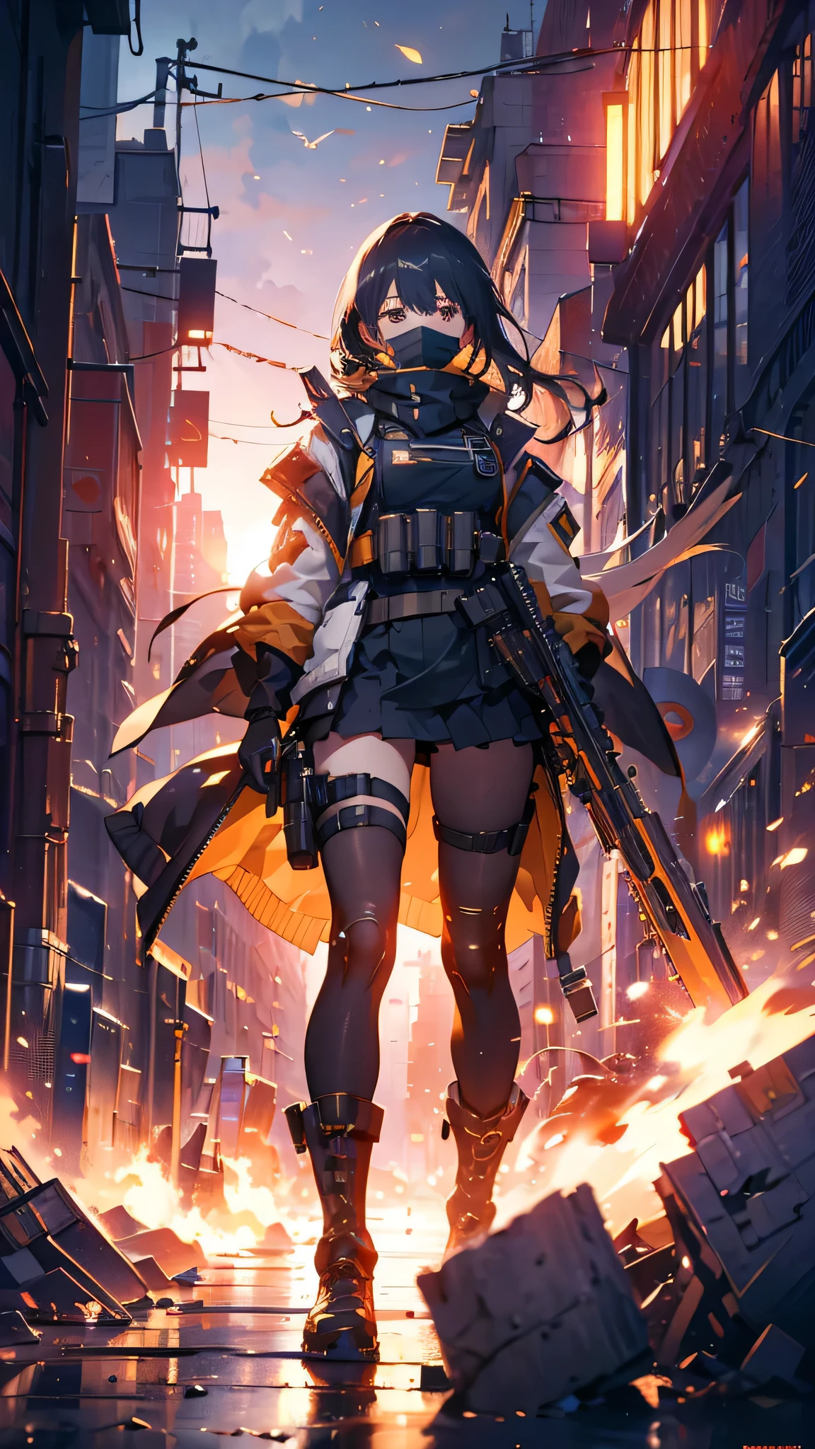 ((high quality)), ((masterpiece)), 8k, One girl, Bulletproof vest, light, Highly detailed CG Unity 8k wallpaper, Game CG, View your viewers, gloves, boots, whole body, clock, computer, mask, Drone, Have a weapon, Jacket, (Background Destroyed city , explosion , cigarette