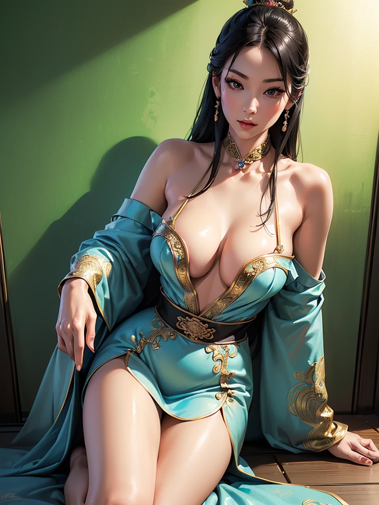 (best quality,ultra-detailed,realistic:1.37),(Korean:1.1)(beautiful detailed dress,adult,woman,detailed description),(beautiful detailed woman,beautiful Chinese background,exposed collarbone),(black eyes,natural eyes,realistic facial features,beautiful leg line),(sexy,full body photo,realistic body proportions,accurate eye ratio),(frontal photo,realistic and slender face)