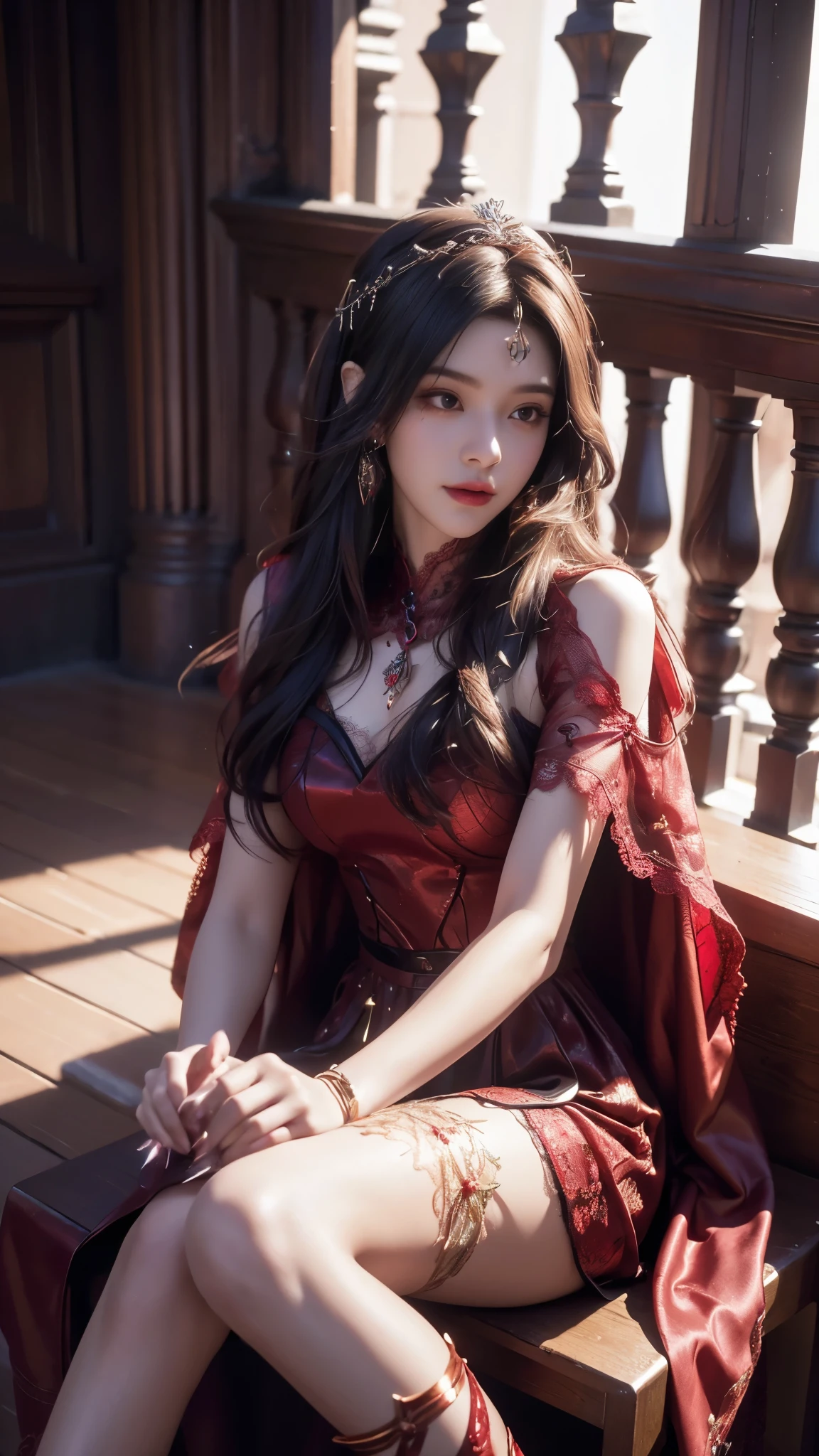 8K, UHD, MAsterpiece, best quality, 1 girl, (realistic face), happy pace, very long hair, small breasts, decorated dress, very beautiful ornaments dress, red color, ((lace)), mesh dress, mesh cape flowing, sardine, loops, ((ornaments)), legendary night balcony, depth of field, cinematic lighting, chromatic aberration, motion blur, glowing light, god rays, ray tracing, reflection light, backlighting, sitting on the chair,