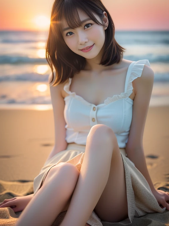 Photo-realistic quality、A fifty-something Japanese woman sitting cross-legged on the beach, Thin strap white top、mini skirt、Beautiful girl, cute20Old woman, Soft sunset light, cute 綺麗な顔, Gorgeous Japanese Model, Beautiful soft lighting, It's hot with the shining sun, 若くてcute顔, Beautiful girl model, a cute若い女性, Japanese Idol, cute笑顔、looking at the camera、Gentle expression、Detailed and beautiful eyes、Soft and small mouth、Waves crashing down to your feet