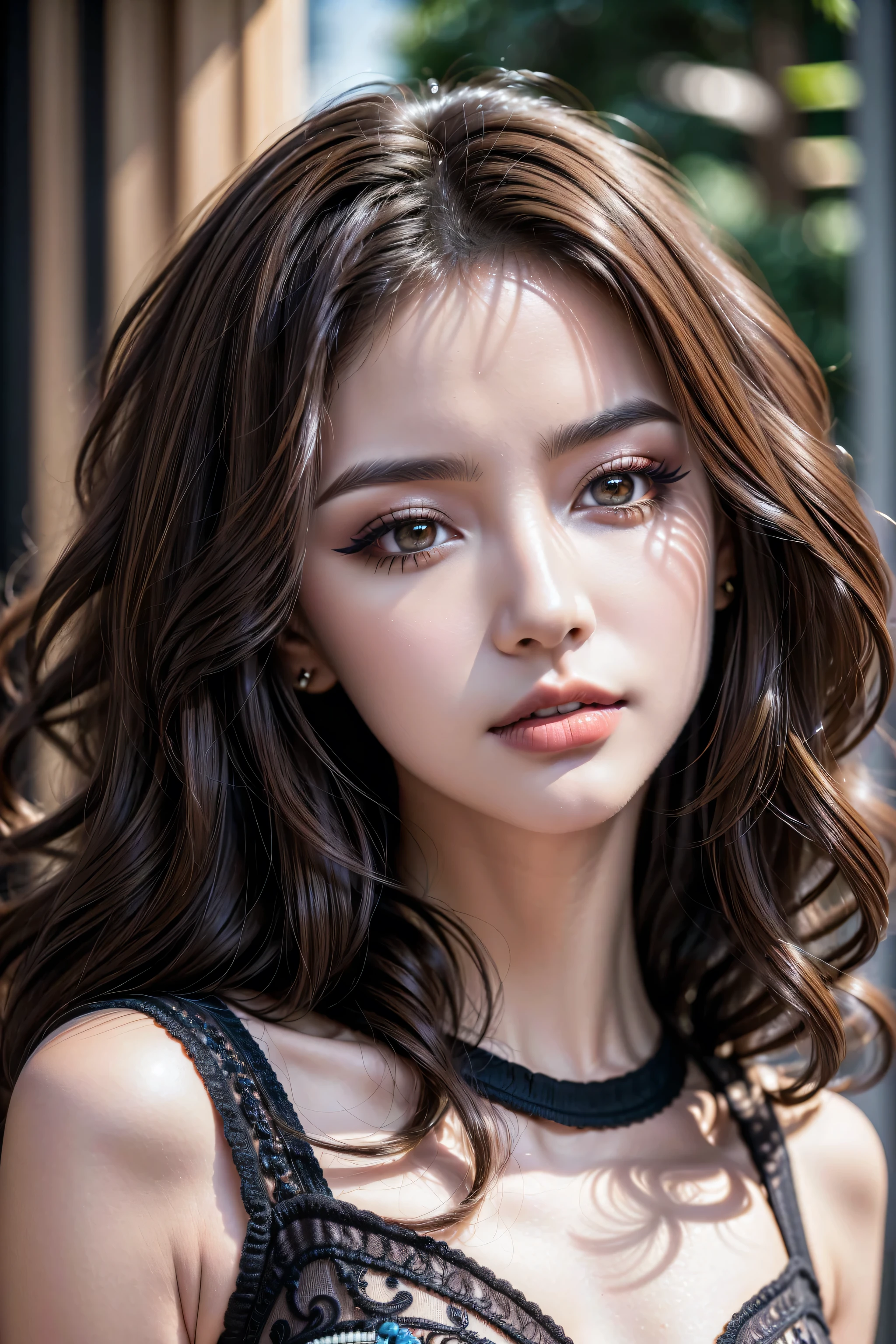 (1girl:1.35, 20-year-old), (high detail, realism, highest resolution), (best high quality realistic texture skin), ((best high quality realistic texture long black hair, (curly waves), highly intricately details:1.4)), (Super beautiful body), (perfect female body:1.4), (small round head:1.4 (anatomically correct)), slim face, beautiful cheekbones, ((slim-muscled body:1.24)), ((firm and full breasts)), ((the most absurdres quality eyes:1.3)), ((clear non blurry and sharp perfect round realistic brown_eyes:1.4), highly detailed:1.25), finaly detailed round pupils, (((super quality natural beautiful cute sharp face), highly detailed:1.3)), (light pale complexion), detailed lips:1.3, (long_blue_eyeliner:1.2), (red_lipstick:1.35), ((perfect dark_eyeshadows:1.45)), (Detailed nose:1.2), (super detailed professional makeup on face:1.3), [[close up of her face]], perfect composition, ((pale skin:1.2)), ((dry skin)), (photorealistic, 4k,8k, ultra insanel realistic details, masterpiece), vibrant:1.2, (Upper body shot), ((highly elaborate extravagant microscopic street outfit:1.25)), close up of her face, perfect composition, ((look at the viewer)), Hasselblad, 85mm f/4.0