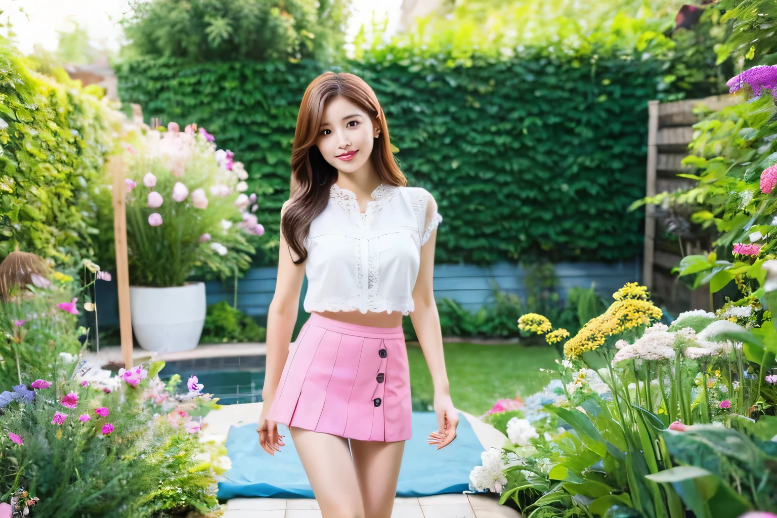 Beautiful mature woman with hourglass body wearing summer clothes and mini skirt in backyard garden