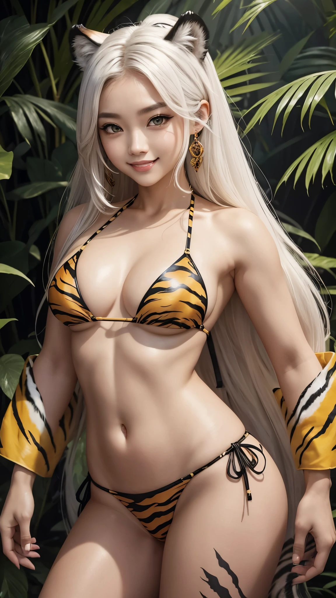 Ink Painting、8k、She is 20 years old and is a white tiger beastman.。Yellow tiger eye、Beautiful Face、白くてBeautiful Skin、Beautiful Skin、smile、Tiger print bikini、Tiger print hair、Minimum、Chibi、