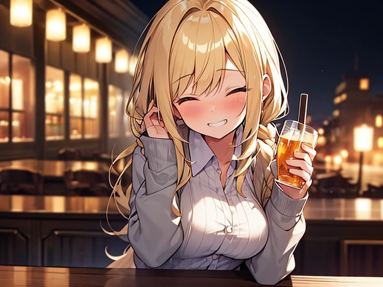 masterpiece, Highest quality, (1 beautiful girl :1.2), blonde, Straight hair, Fishtail Braid, 24-years-old, Medium chest, Standard weight,  cardigan, Grin:1.3, Red nose :1.1, Drunk, close your eyes, Beautiful scenery in the bar, Blurred Background, Amazing panoramic views, Drinking alcohol, close