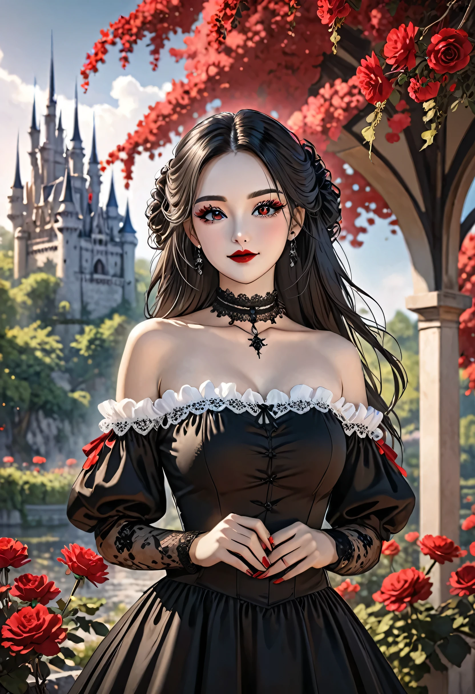 (masterpiece:1.2), (best quality:1.2), perfect eyes, perfect face, perfect lighting, 1 girl, Mature female gothgal standing with hands in front, long hair, complex hairstyle, cosmetic, black lips, thick eyelashes, happy, wearing gothic clothing, black and white dress, decorate, red ribbon, puff sleeves, bare shoulders, lace choker, jewelry, peaceful, quiet, chill, Blur background, Castle Beautiful scenery, fantasy, summer, sunny, sunburned, flowers, trees