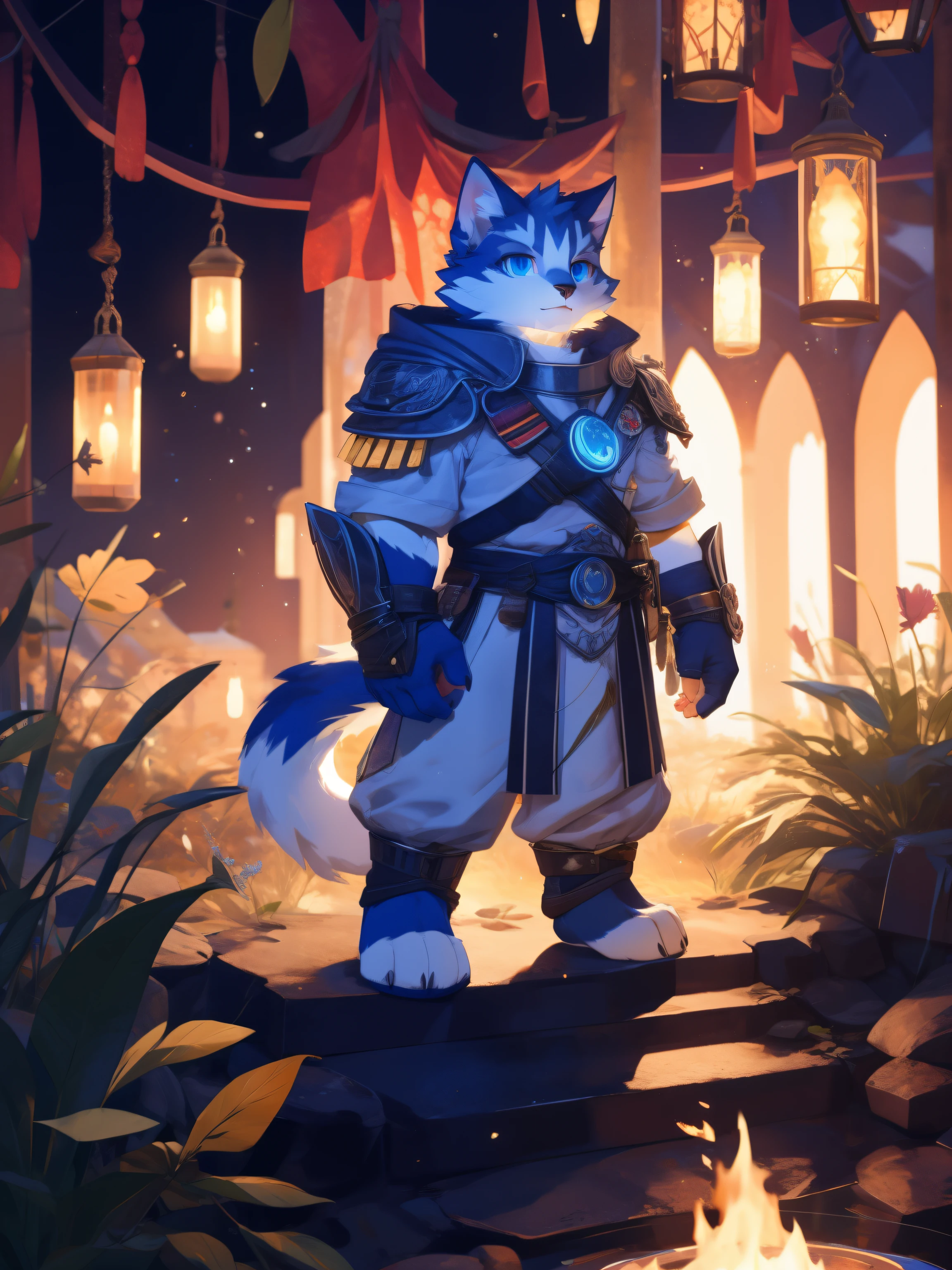 full-length portrait,anthro,hi res,male,strong,Fingerless gloves,White costume,The whole color is white,White legs,White plush feet,White plush paw,Paladin,White cat,Blue eyes,Detailed eyes,Delicate eyes,Extremely high detail,8k high definition characters,Surrounded by golden light particles,Golden particle effects,A calm look
