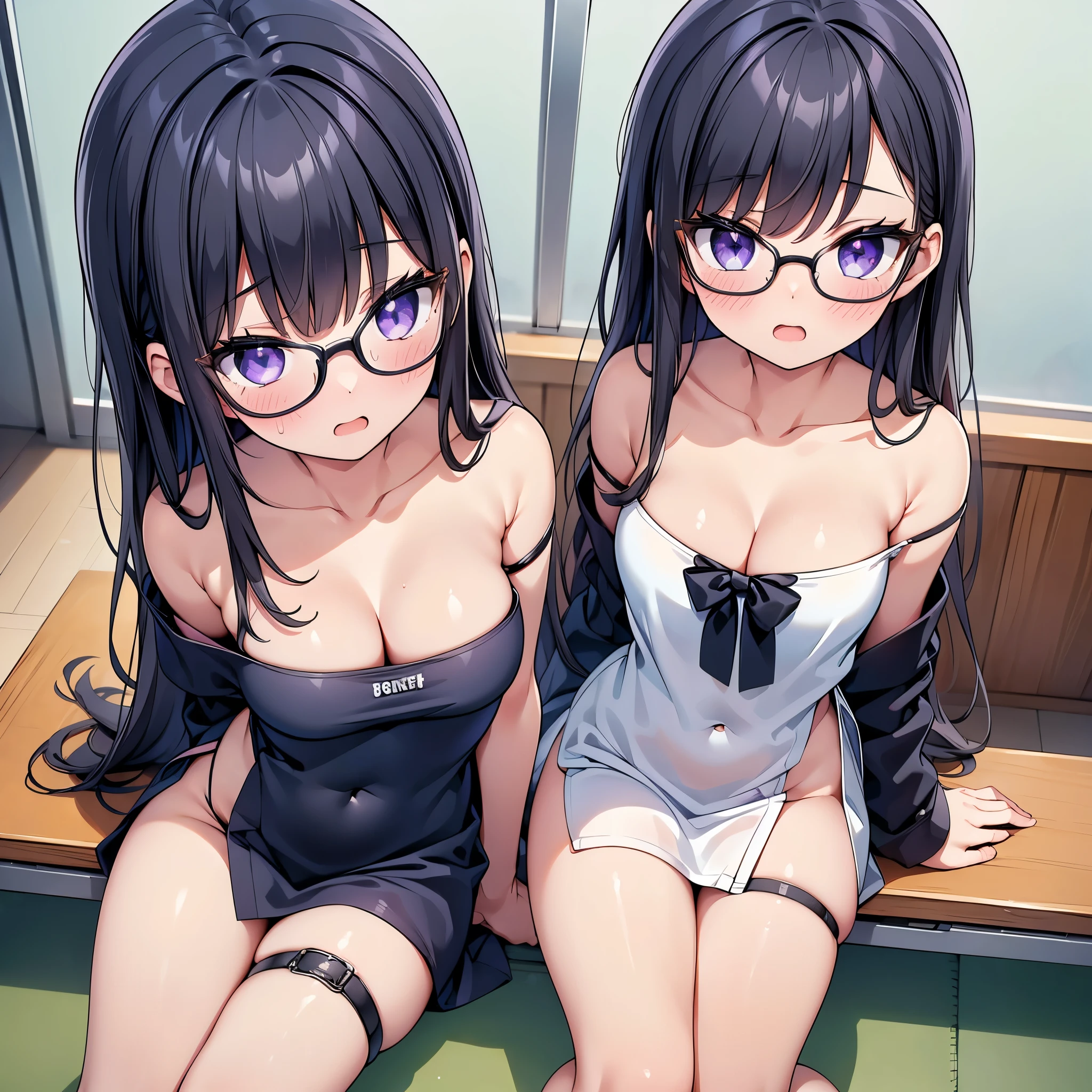 (cute eyes:1.2), (sparkling eyes:1.2), (8K、Best image quality、highest quality、masterpiece)、Detailed face、(2 girls)、Improve、(Black Hair, Purple Eyes, Glasses, long hair)、(open mouth), (embarrassed), (skinny body:1.3),(midium breasts), (Naked Towel:1.3), (strap slip:1.5), (cleavage),(crop top navel:1.1), Sit on a chair, Classroom Background, (Waistline:1.1),(close-up shot of bust), (from above:1.2)