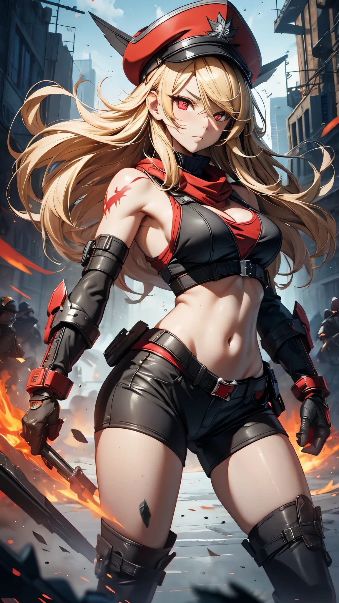 最high quality、Best image quality、masterpiece、girl((Age 25、 By becoming、Best Bust、Medium Bust,Wide open breast tea、Red glowing eyes,Blonde、Red Mesh、Disheveled Hair、Lointail、thin,The highest valley、Open chest、Luminous Wristbands、hair ornaments、Show the whole body,Black tank top、Red Bandana、Shortuscular、revolver、scar、Military Cap、Shooting Pose、Full body scar、Fighting Pose)),high quality、Beautiful art、background((Photography room))、Flight、Flying debris、Written boundary depth、movie、Visual Arts、Perfect art、8K,Genuine,